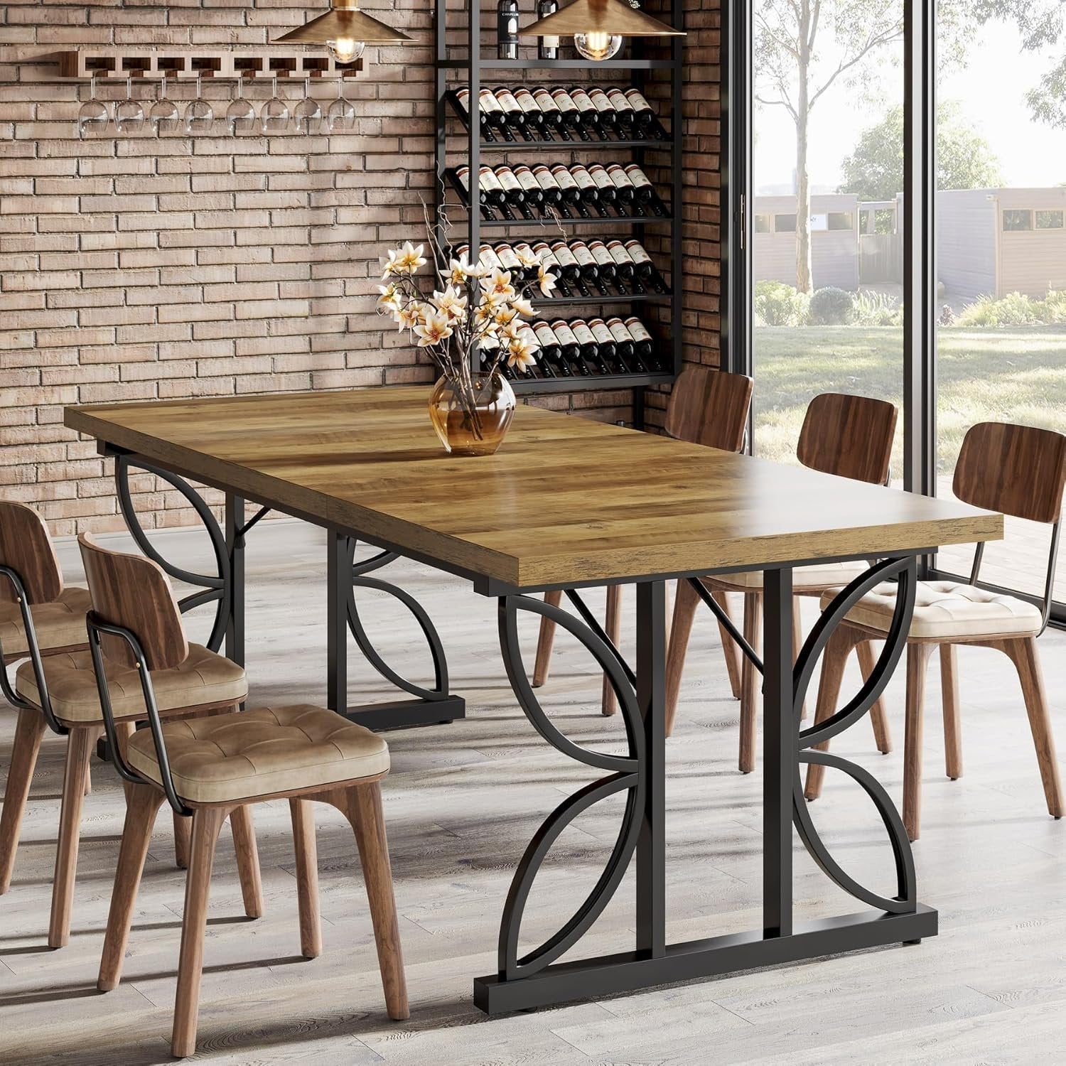 180 cm industriële Rechthoekige Eettafel, Keukentafel met Metalen Onderstel in Bruin