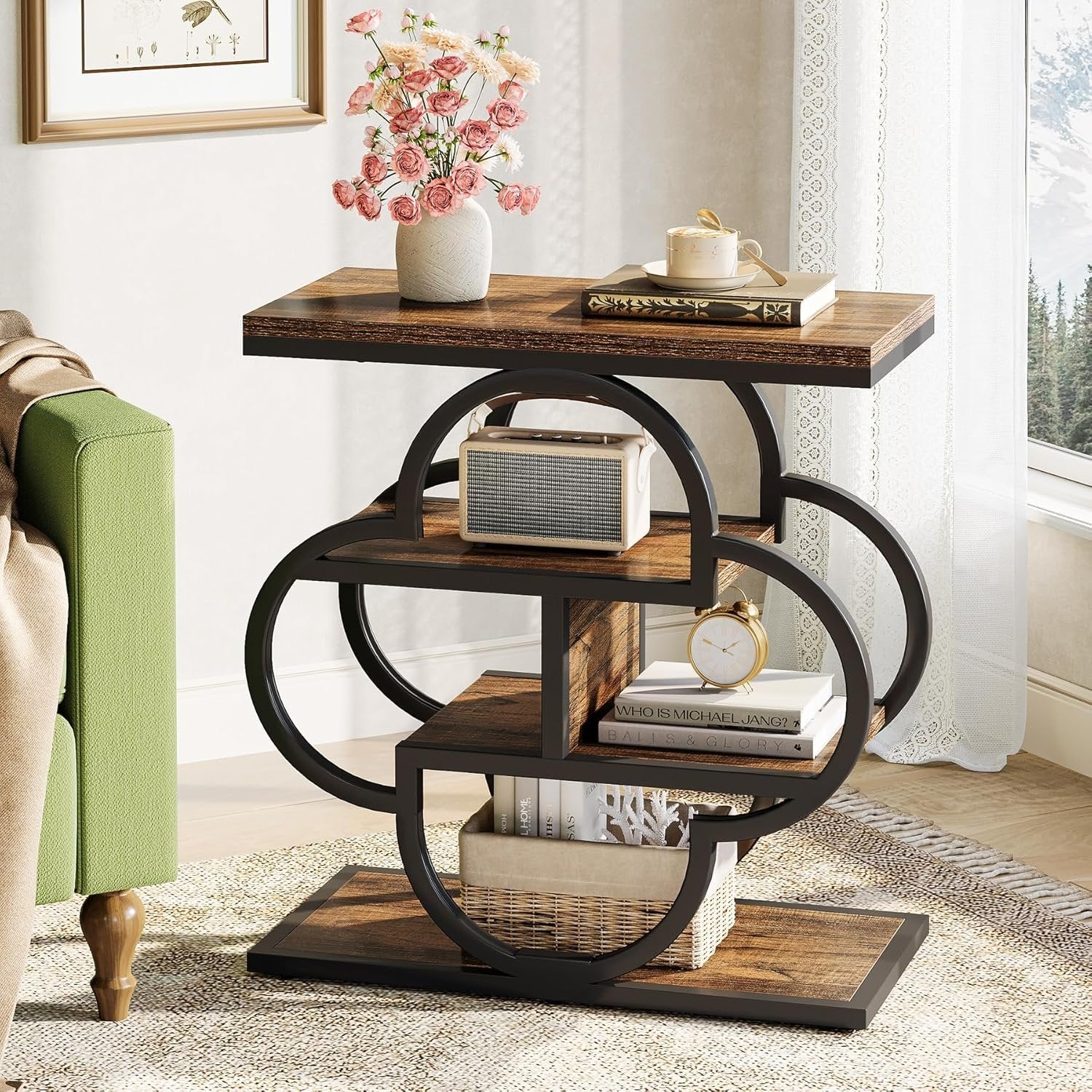 60 cm Smalle Bijzettafel met 4 Niveaus, Houten Nachtkastje met Gebogen Metalen Frame