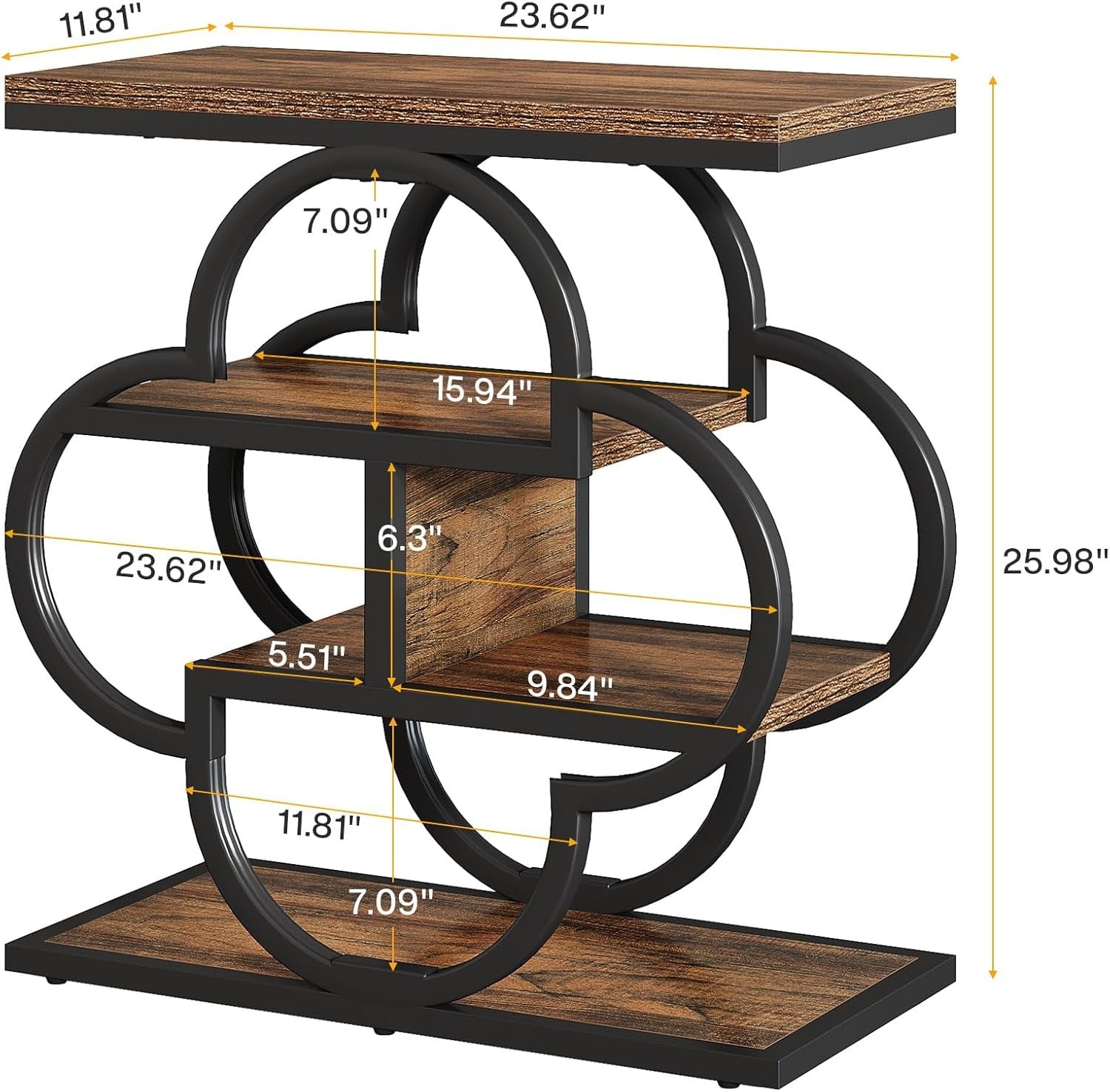 60 cm Smalle Bijzettafel met 4 Niveaus, Houten Nachtkastje met Gebogen Metalen Frame