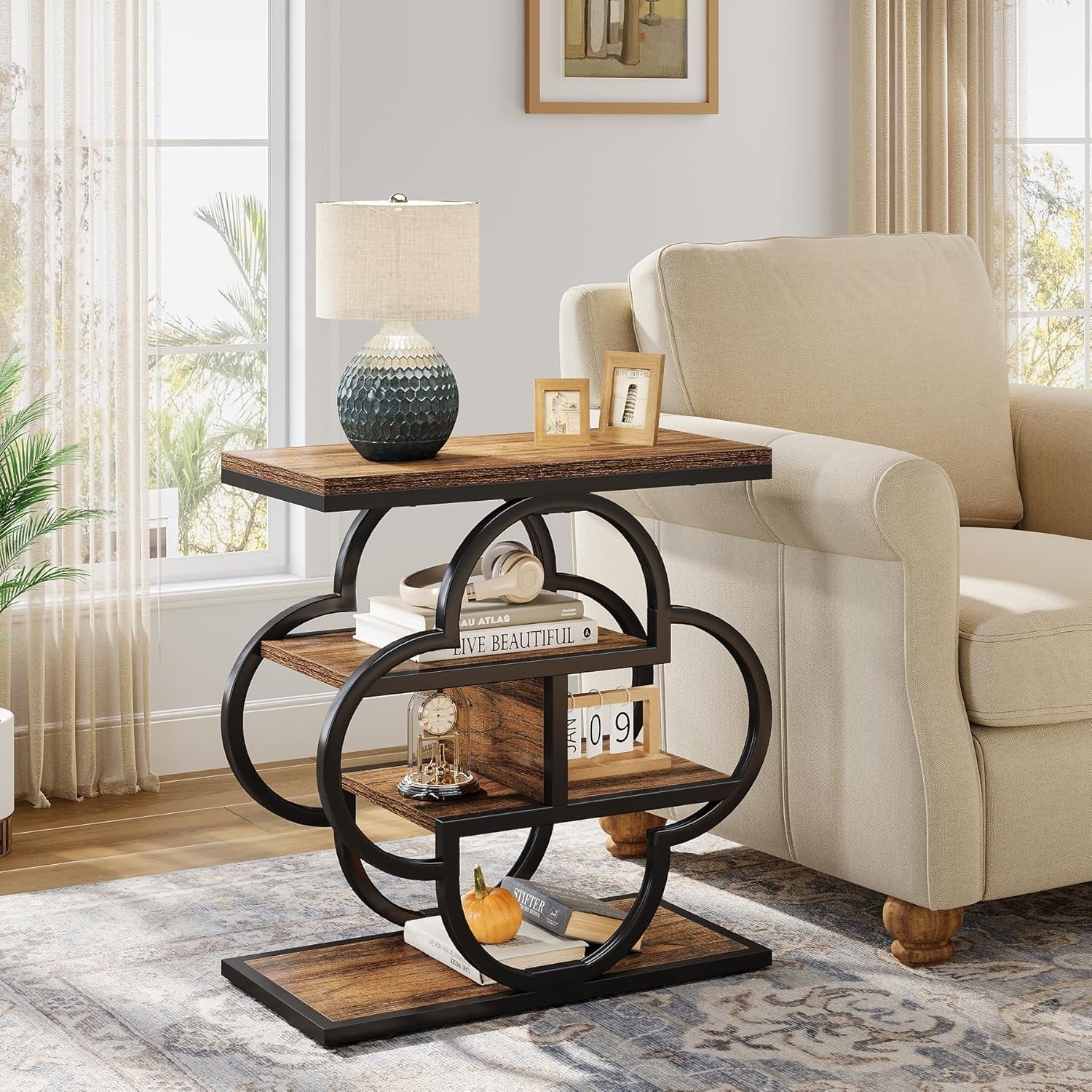 60 cm Smalle Bijzettafel met 4 Niveaus, Houten Nachtkastje met Gebogen Metalen Frame