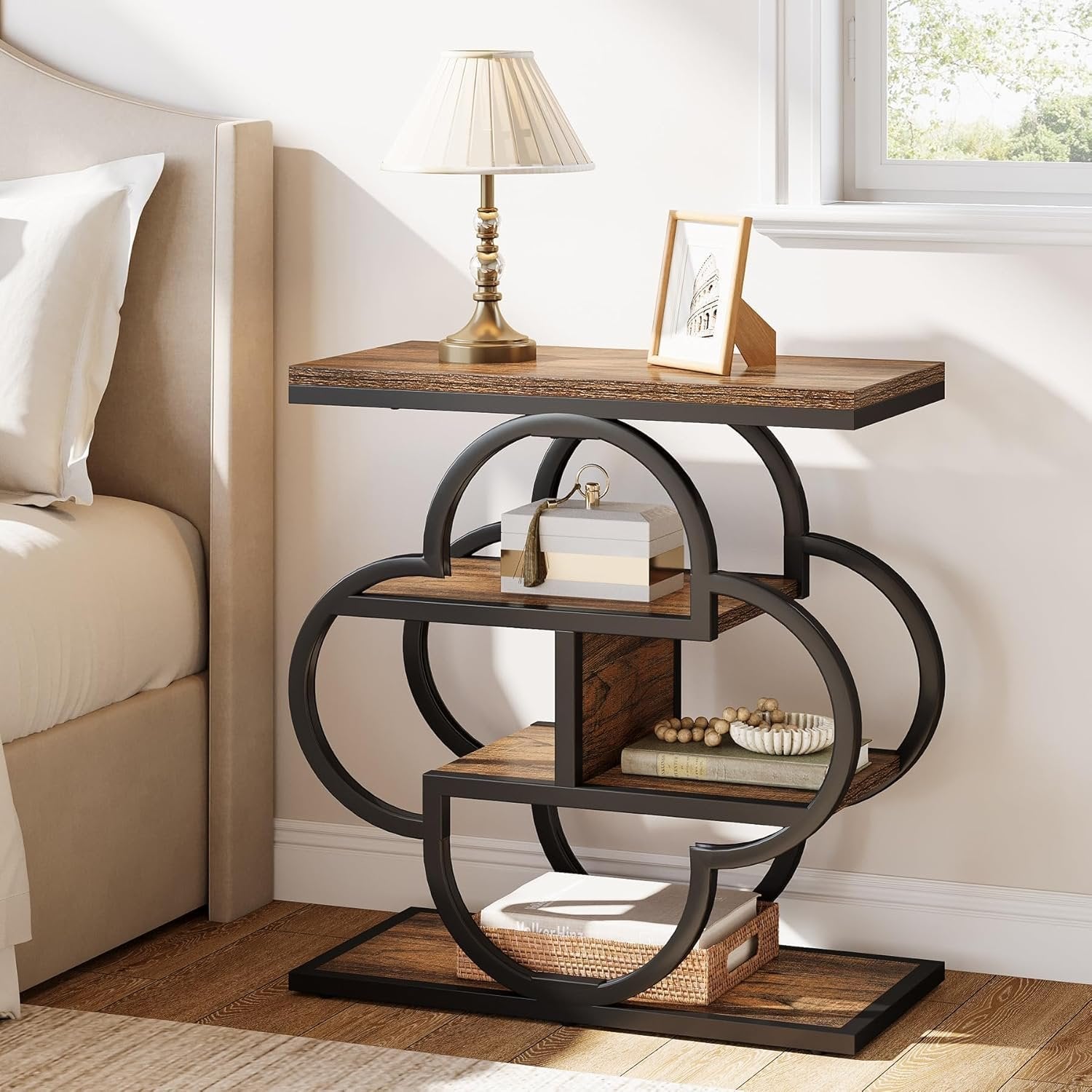 60 cm Smalle Bijzettafel met 4 Niveaus, Houten Nachtkastje met Gebogen Metalen Frame