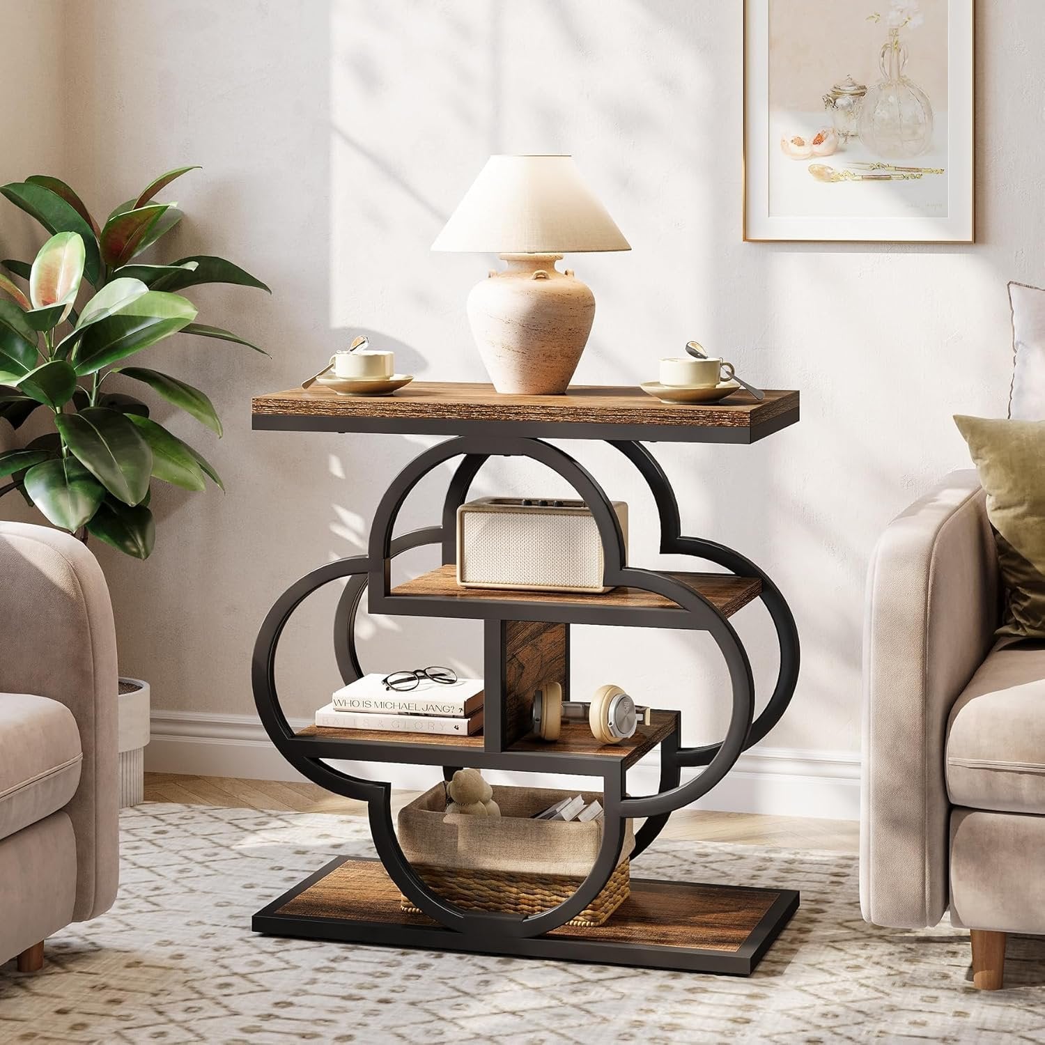60 cm Smalle Bijzettafel met 4 Niveaus, Houten Nachtkastje met Gebogen Metalen Frame