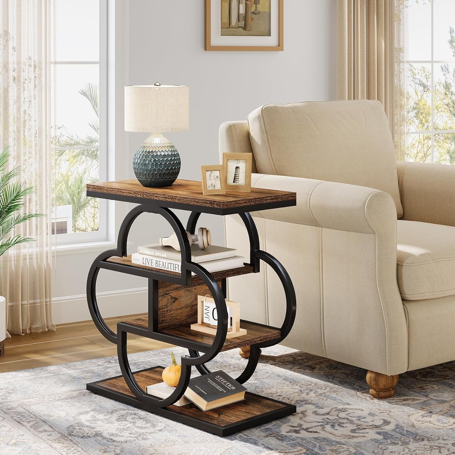 60 cm Smalle Bijzettafel met 4 Niveaus, Houten Nachtkastje met Gebogen Metalen Frame