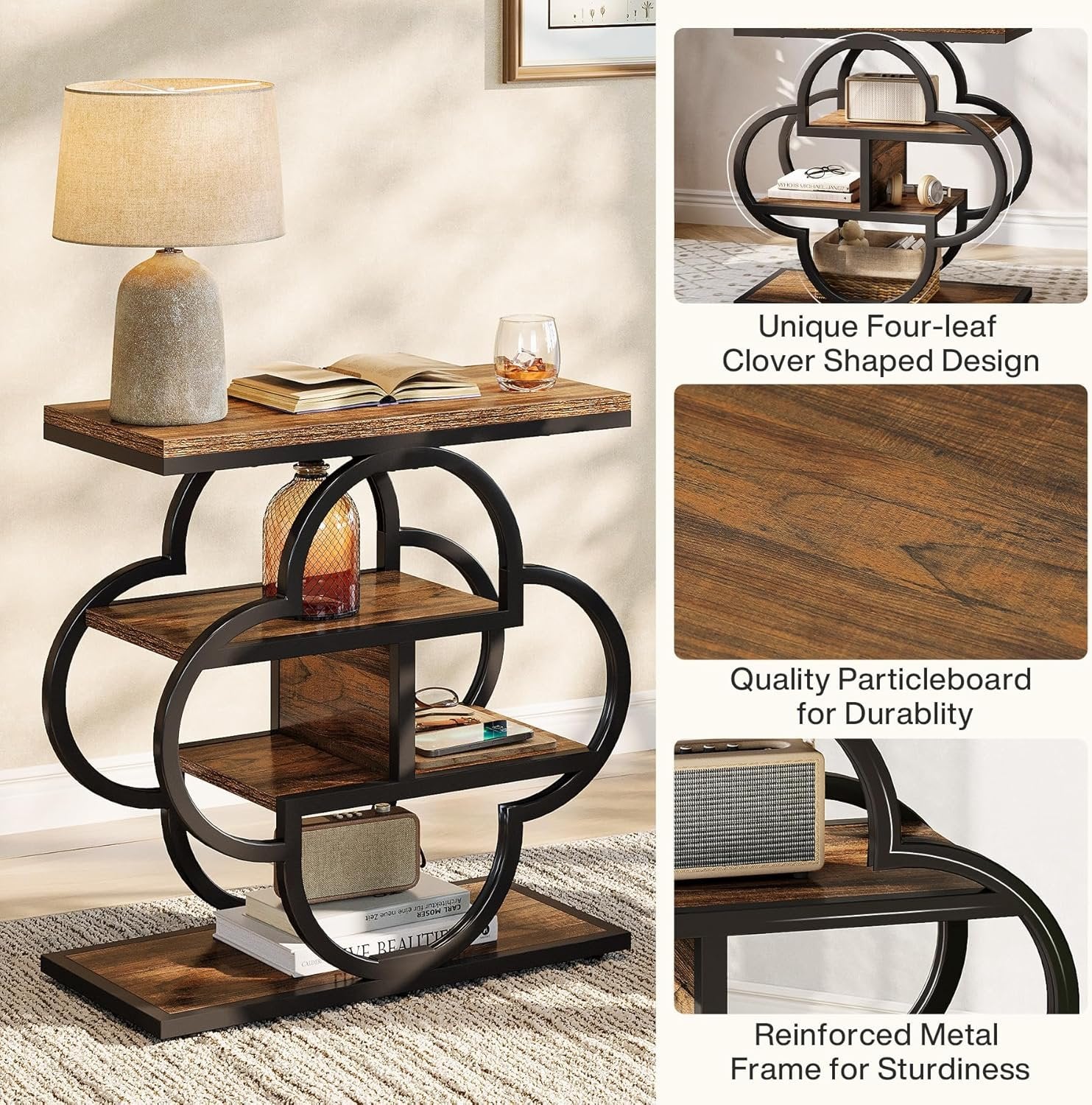 60 cm Smalle Bijzettafel met 4 Niveaus, Houten Nachtkastje met Gebogen Metalen Frame