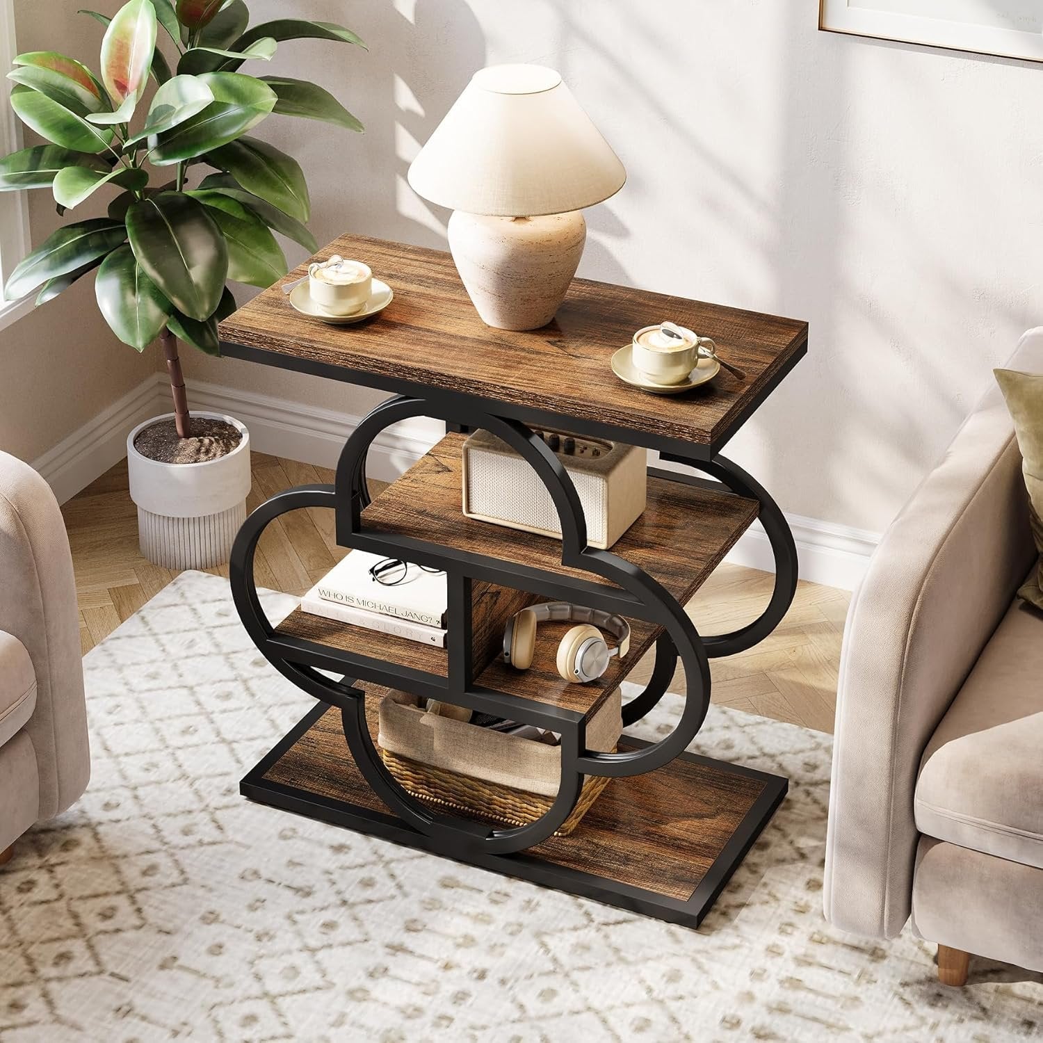 60 cm Smalle Bijzettafel met 4 Niveaus, Houten Nachtkastje met Gebogen Metalen Frame