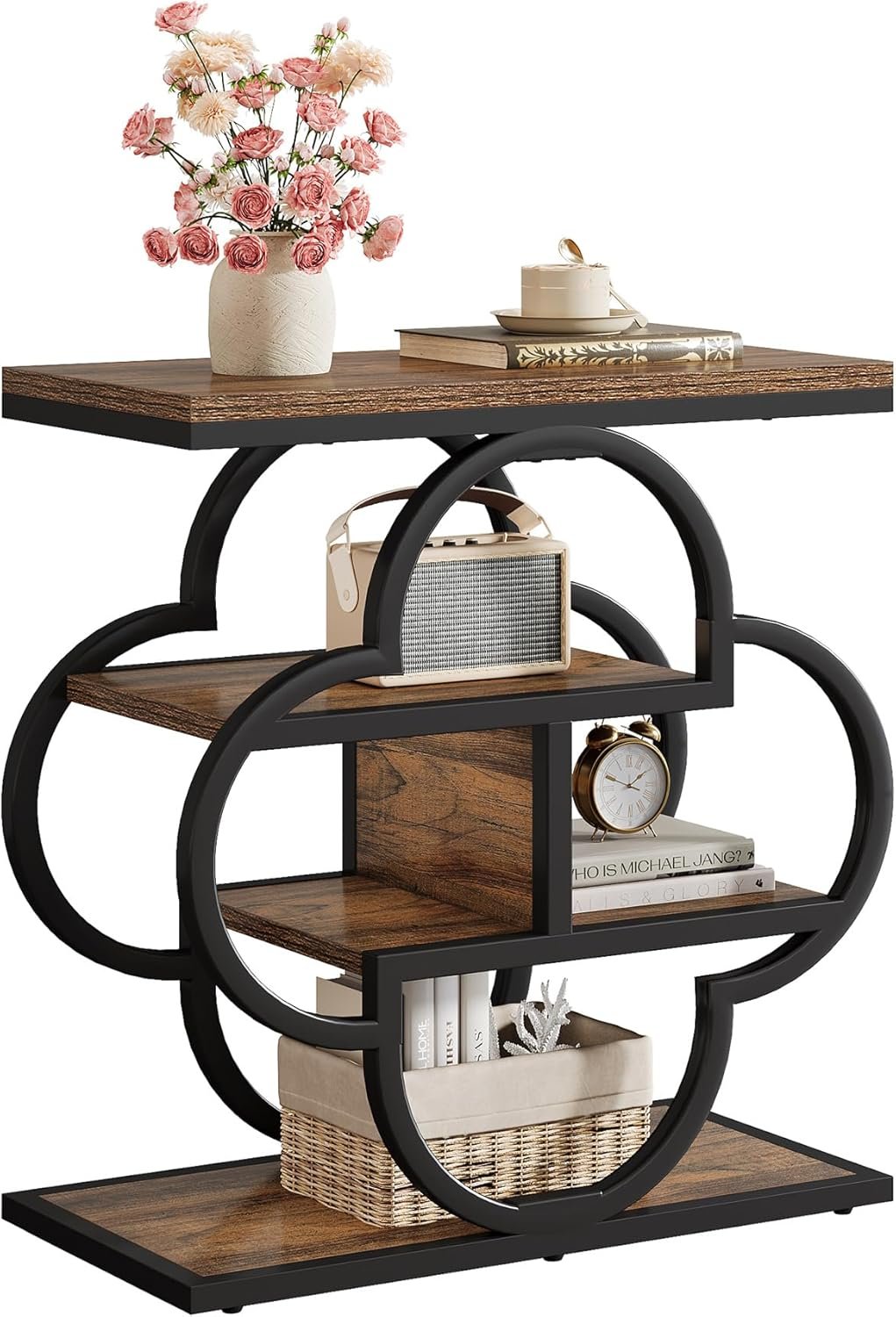 60 cm Smalle Bijzettafel met 4 Niveaus, Houten Nachtkastje met Gebogen Metalen Frame