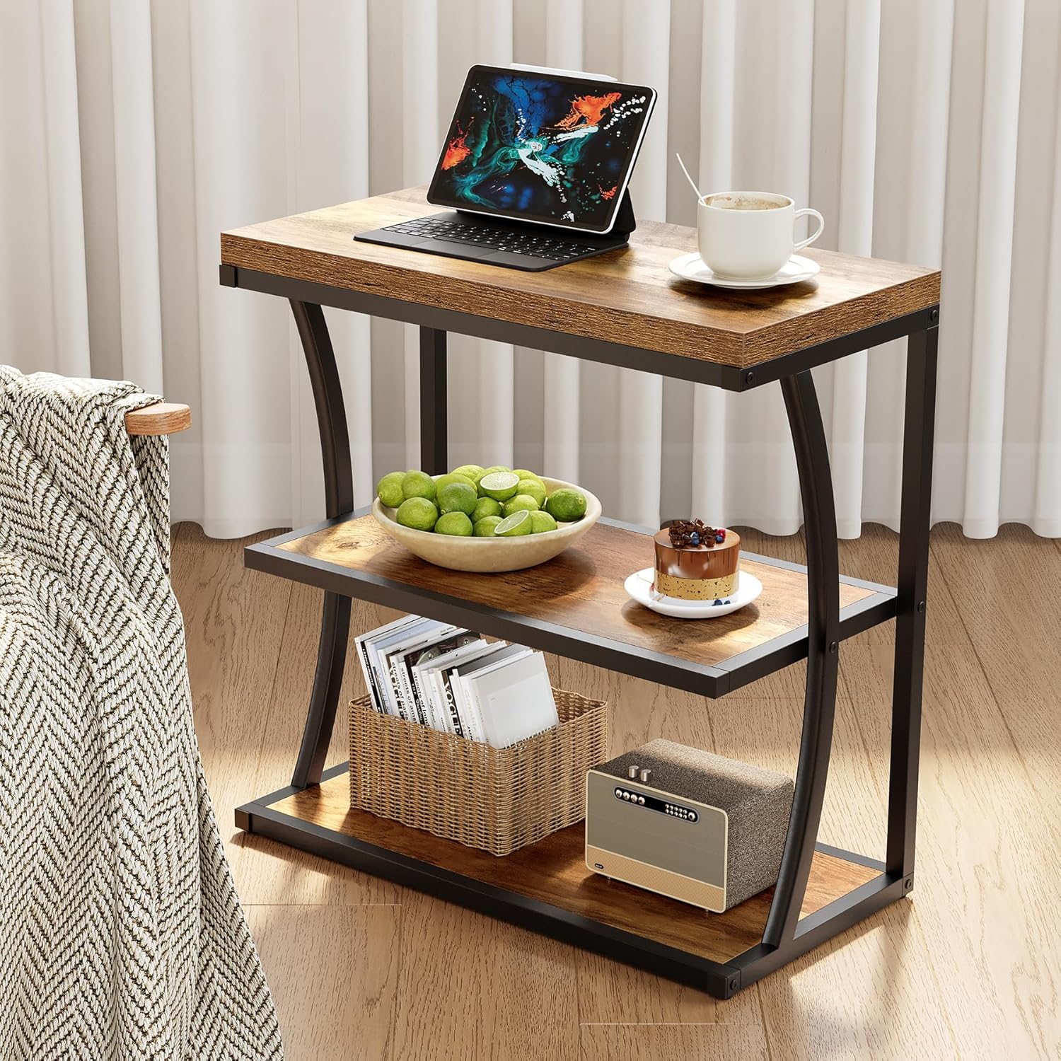 Small 61 cm Bijzettafel, Metalen Country Stijl Tafel met Opbergruimte voor Slaapkamer