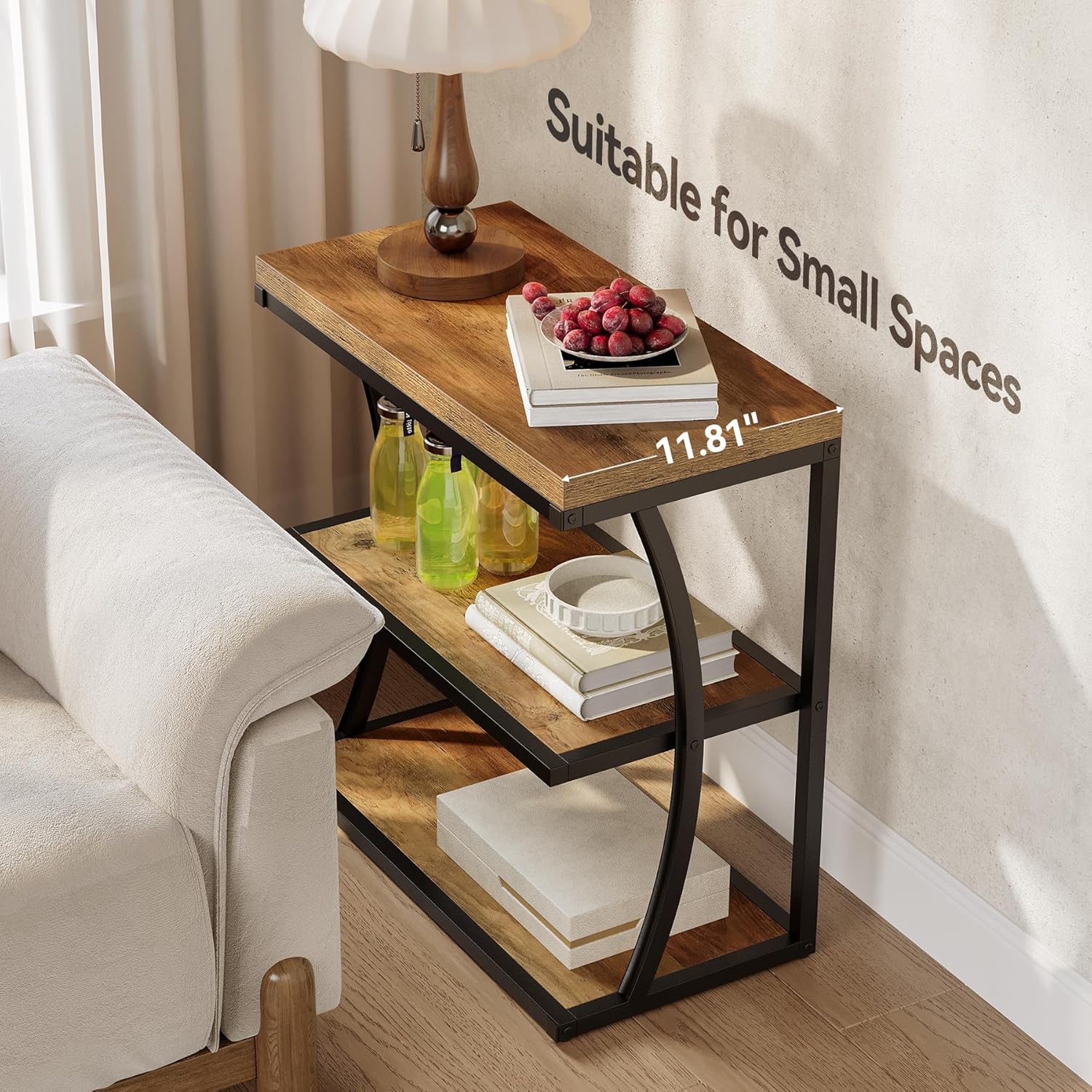 Small 61 cm Bijzettafel, Metalen Country Stijl Tafel met Opbergruimte voor Slaapkamer