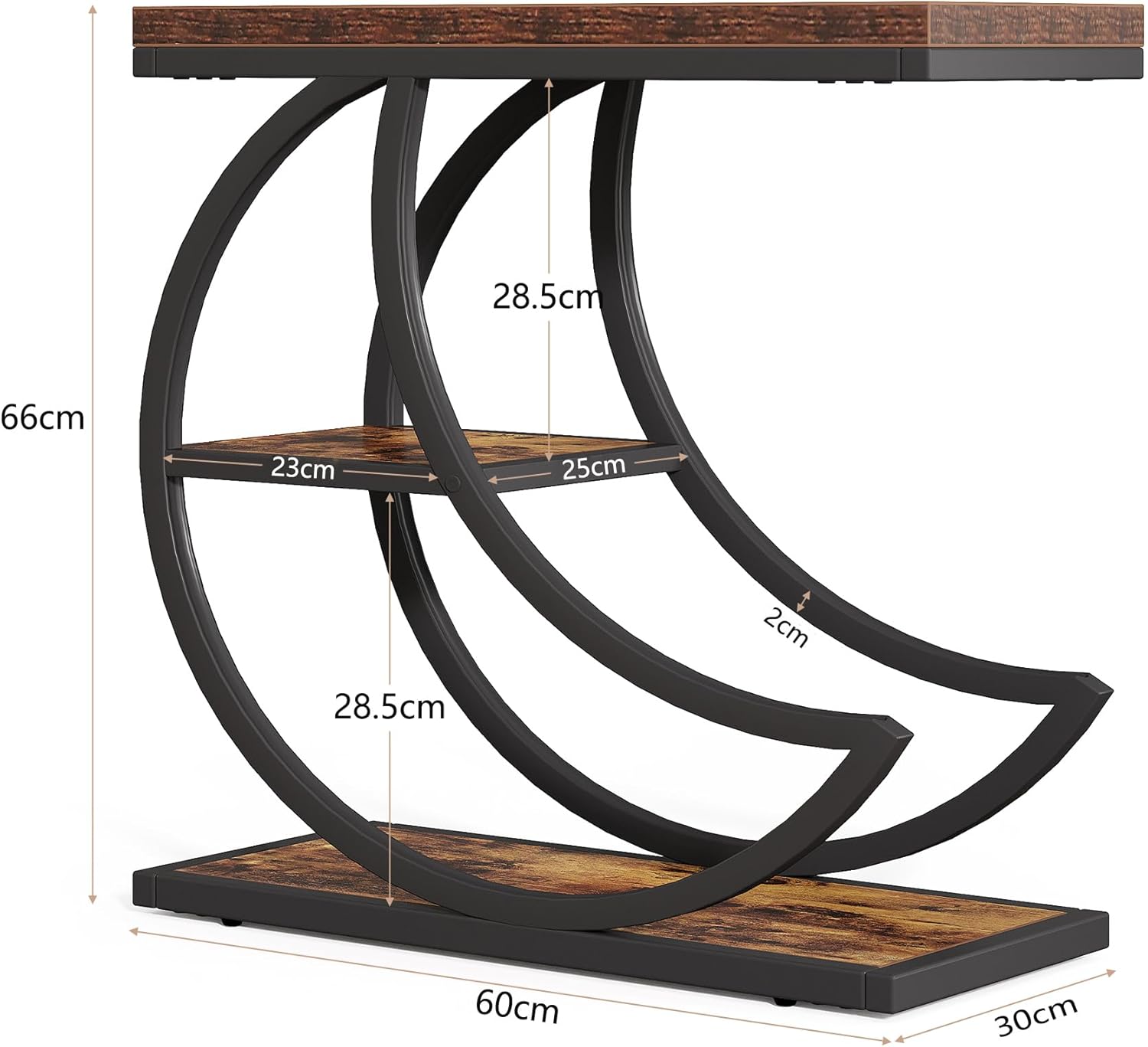 Industriële Bijzettafel met 3 Lagen in Rustiek Bruin, Halfronde Salontafel met Metalen Frame voor Woonkamer en Slaapkamer