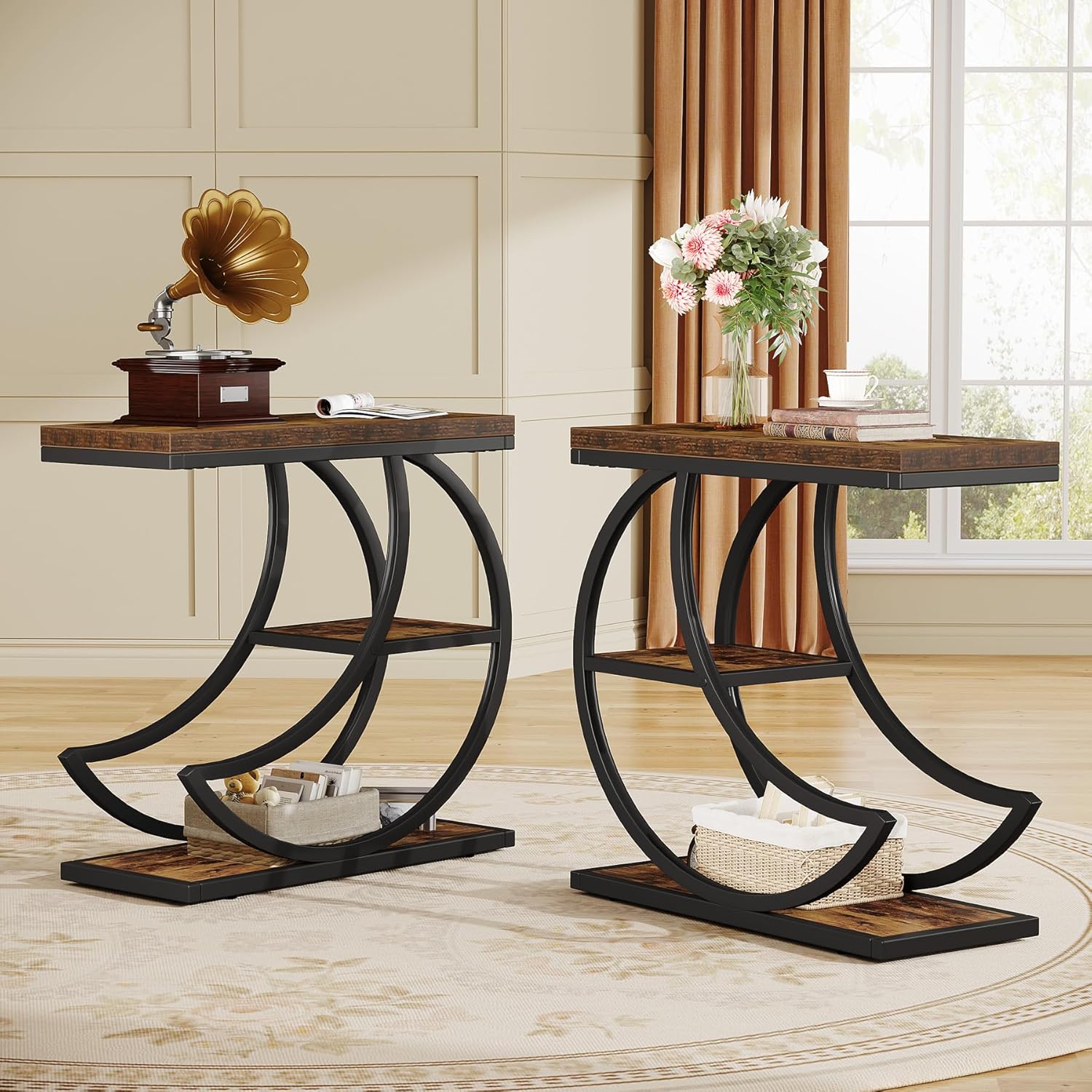 Industriële Bijzettafel met 3 Lagen in Rustiek Bruin, Halfronde Salontafel met Metalen Frame voor Woonkamer en Slaapkamer