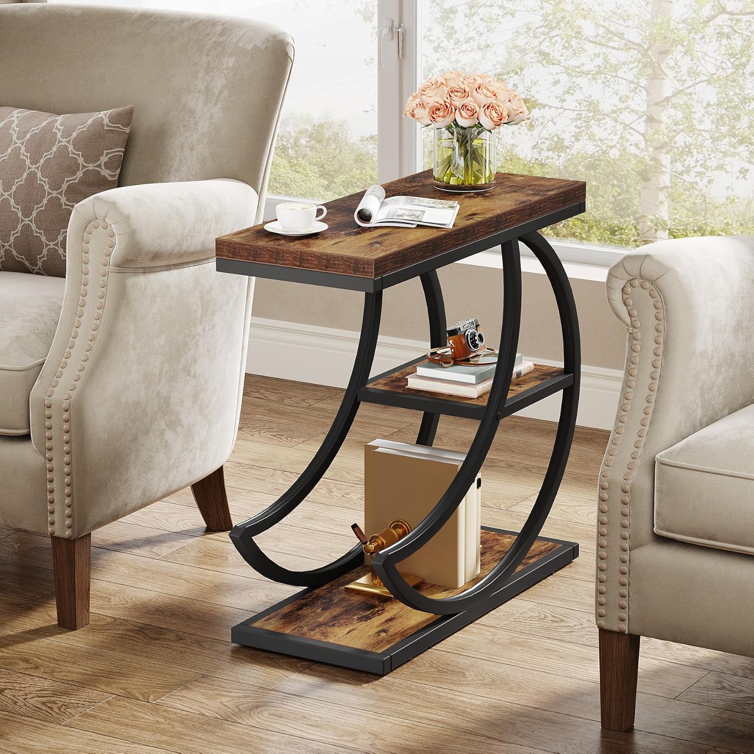 Industriële Bijzettafel met 3 Lagen in Rustiek Bruin, Halfronde Salontafel met Metalen Frame voor Woonkamer en Slaapkamer