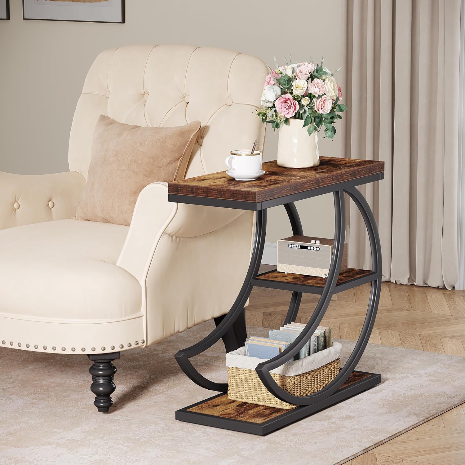 Industriële Bijzettafel met 3 Lagen in Rustiek Bruin, Halfronde Salontafel met Metalen Frame voor Woonkamer en Slaapkamer