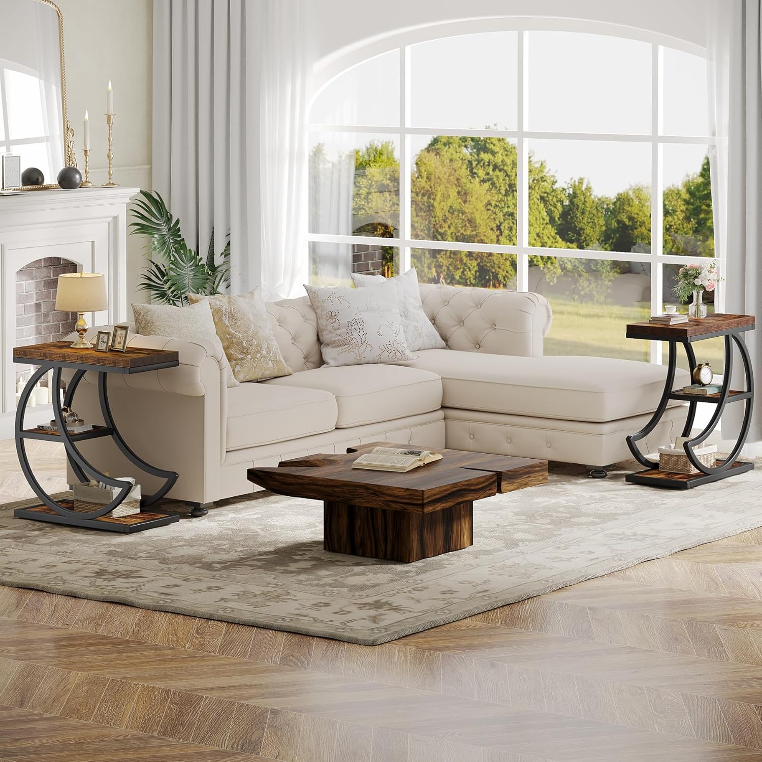 Industriële Bijzettafel met 3 Lagen in Rustiek Bruin, Halfronde Salontafel met Metalen Frame voor Woonkamer en Slaapkamer