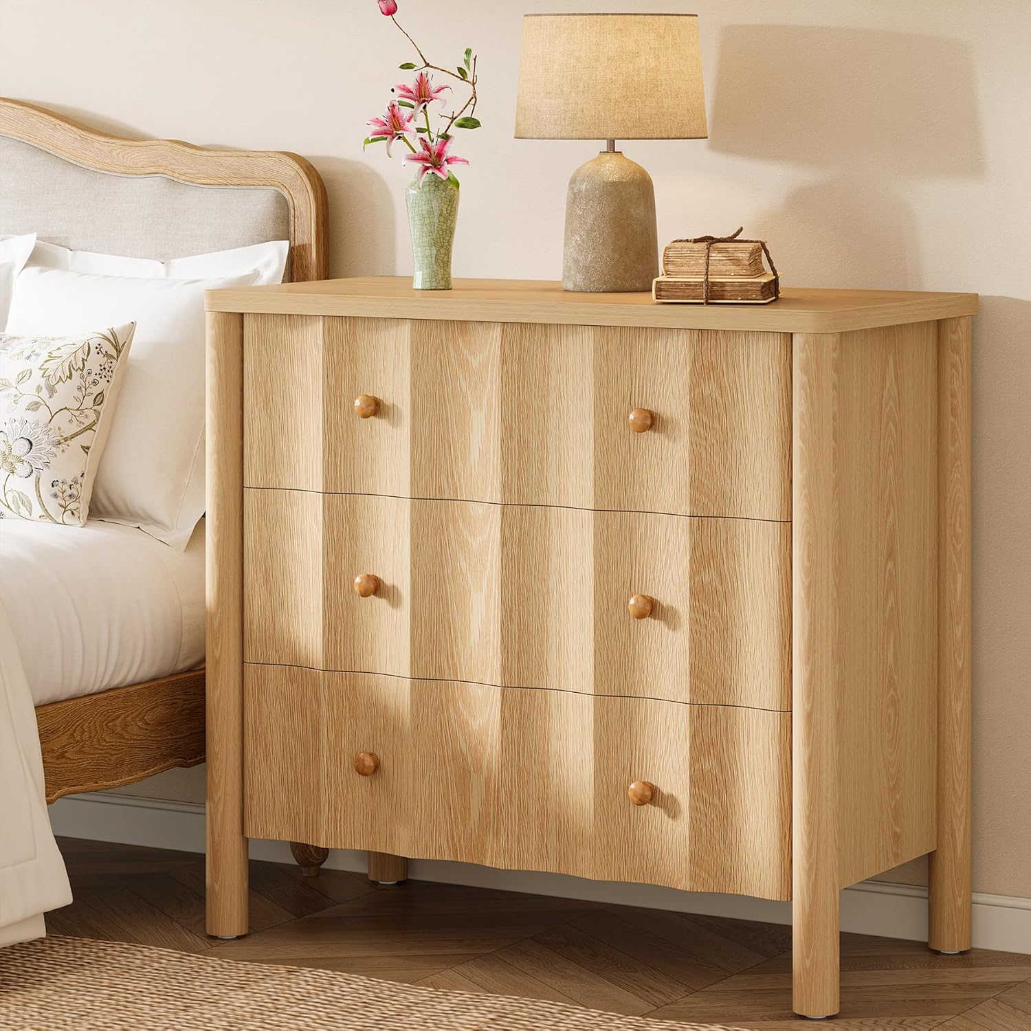 80x40 cm Nachtkastje met 3 Lades, Golfvormige Front in Lichte Eiken Kleur