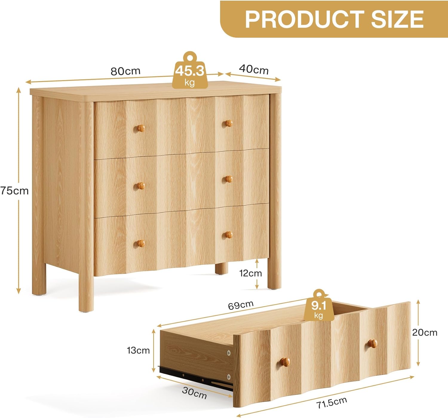 80x40 cm Nachtkastje met 3 Lades, Golfvormige Front in Lichte Eiken Kleur