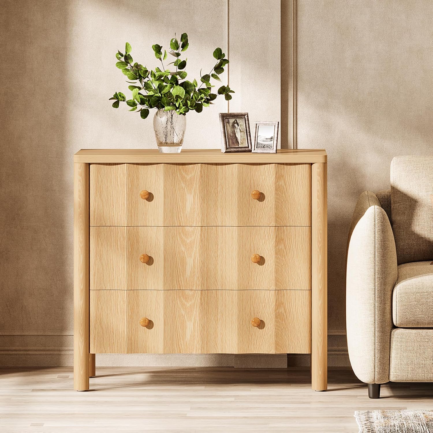 80x40 cm Nachtkastje met 3 Lades, Golfvormige Front in Lichte Eiken Kleur