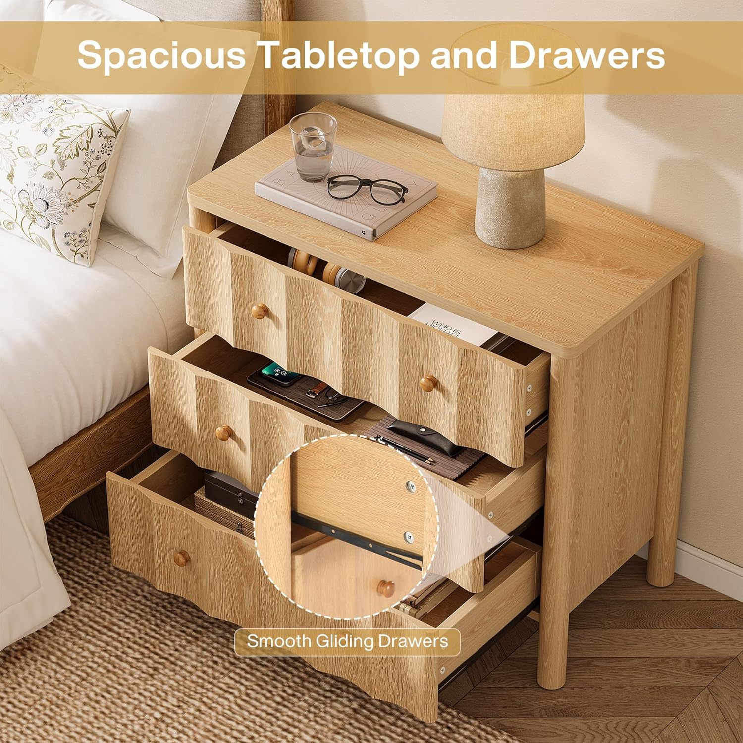 80x40 cm Nachtkastje met 3 Lades, Golfvormige Front in Lichte Eiken Kleur