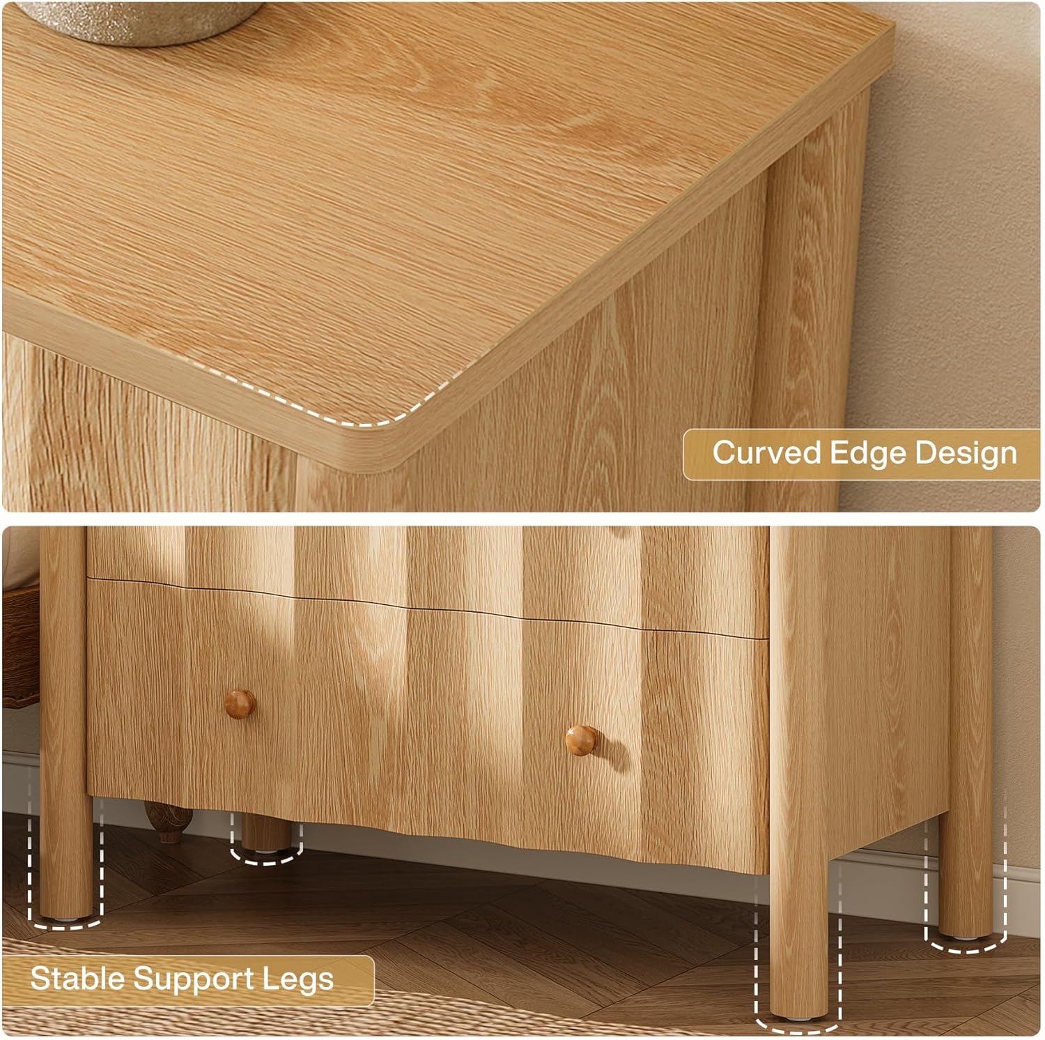 80x40 cm Nachtkastje met 3 Lades, Golfvormige Front in Lichte Eiken Kleur