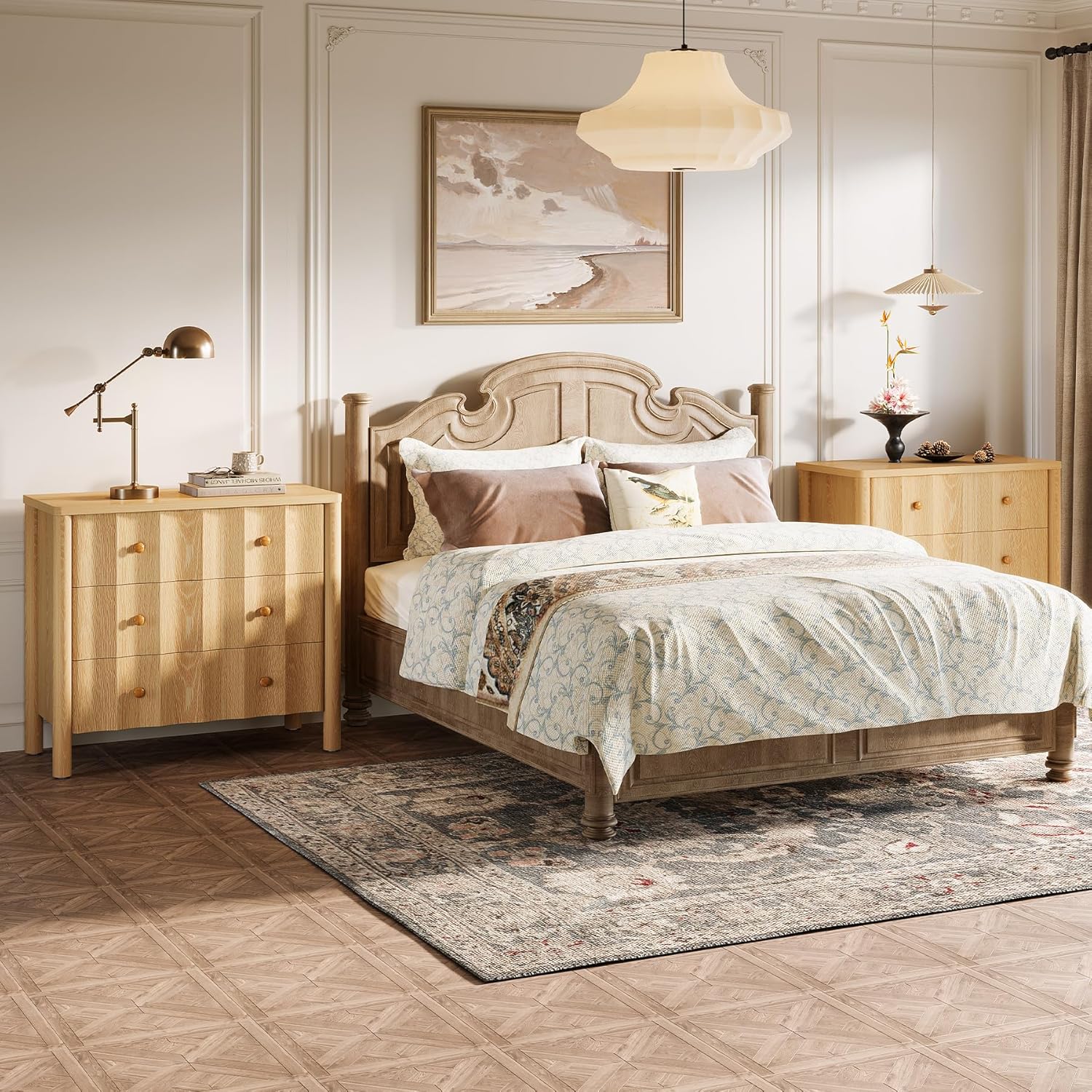 80x40 cm Nachtkastje met 3 Lades, Golfvormige Front in Lichte Eiken Kleur