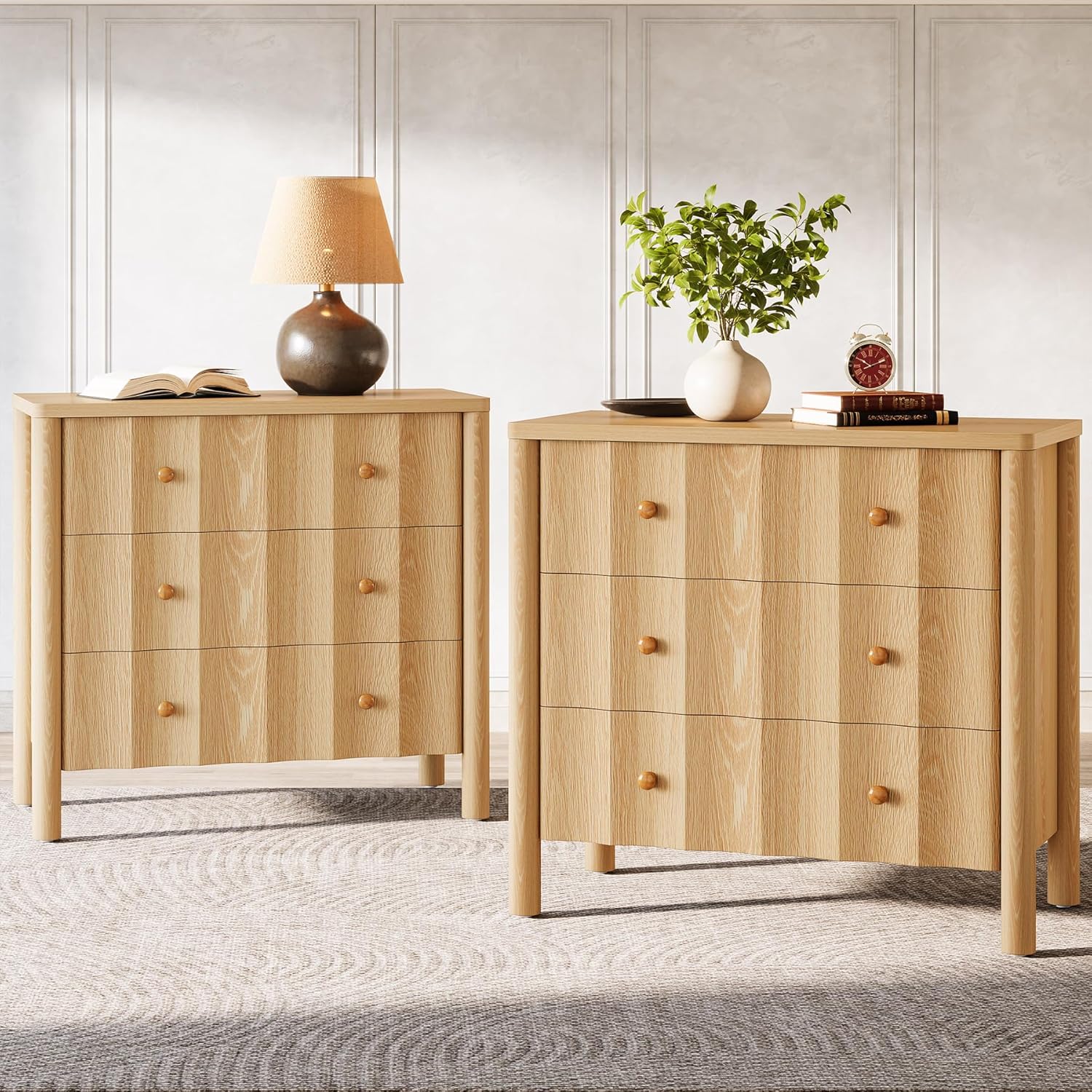 80x40 cm Nachtkastje met 3 Lades, Golfvormige Front in Lichte Eiken Kleur