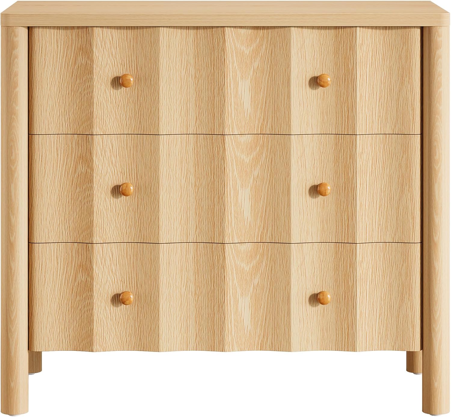 80x40 cm Nachtkastje met 3 Lades, Golfvormige Front in Lichte Eiken Kleur