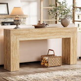 160 cm Moderne Houten Salontafel met Faux Travertine Afwerking, Smalle Banktafel voor Achter de Bank in Woonkamer 3