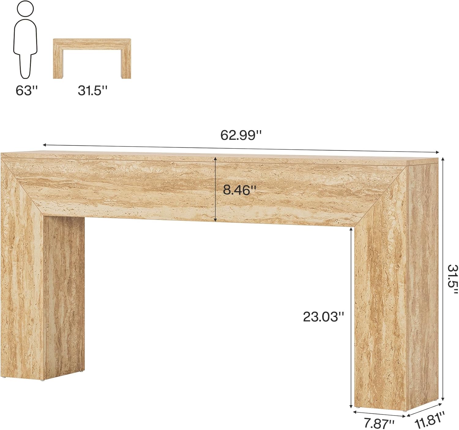 160 cm Moderne Houten Salontafel met Faux Travertine Afwerking, Smalle Banktafel voor Achter de Bank in Woonkamer