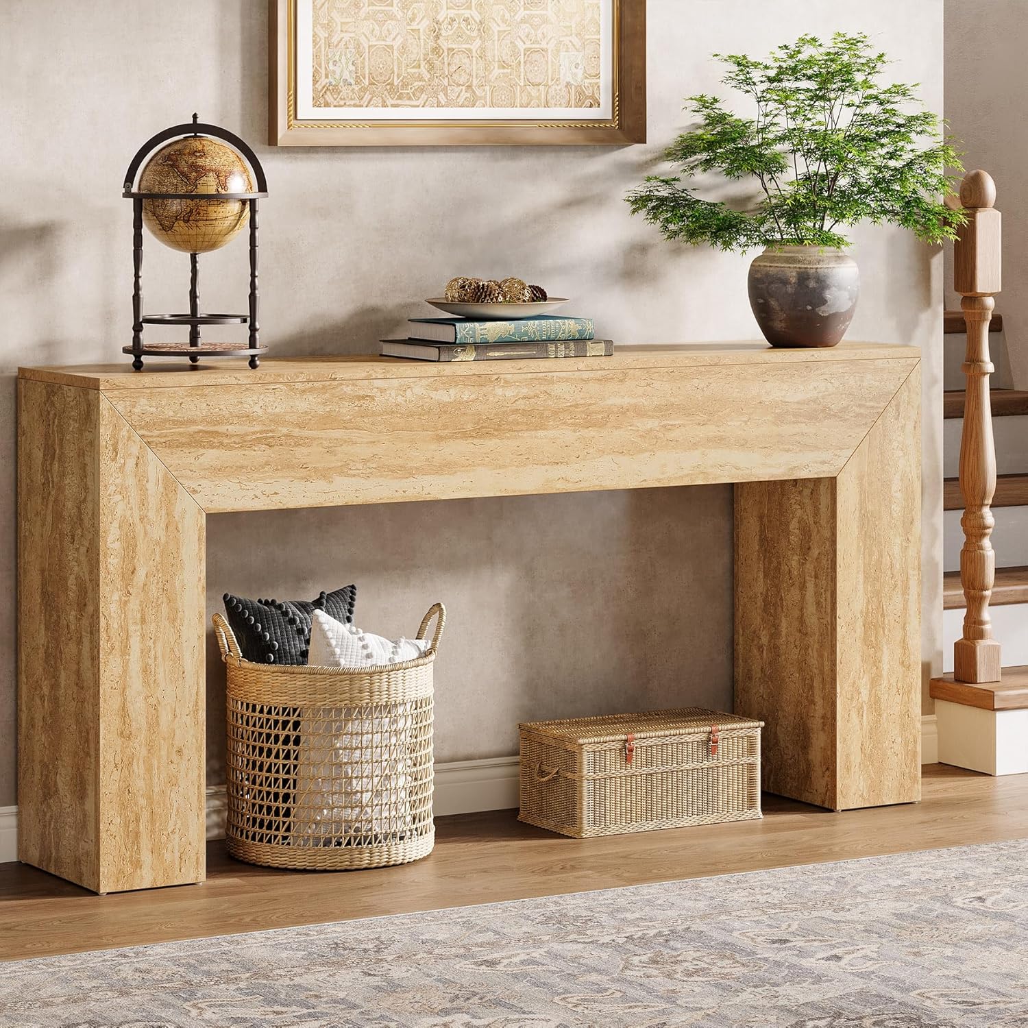 160 cm Moderne Houten Salontafel met Faux Travertine Afwerking, Smalle Banktafel voor Achter de Bank in Woonkamer
