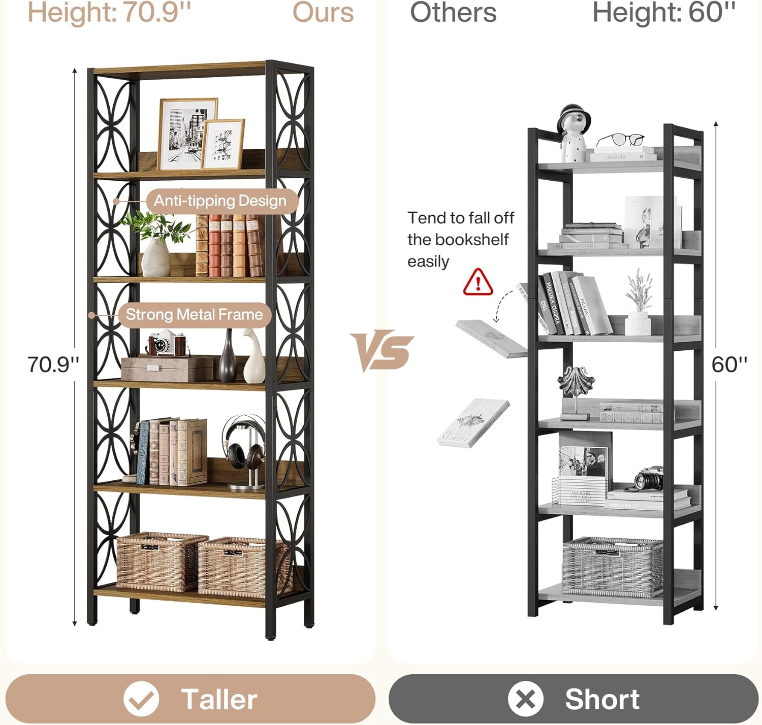 180 cm Hoge Boekenkast, Industriële Boekenplank Met 6 Planken En Metalen Frame