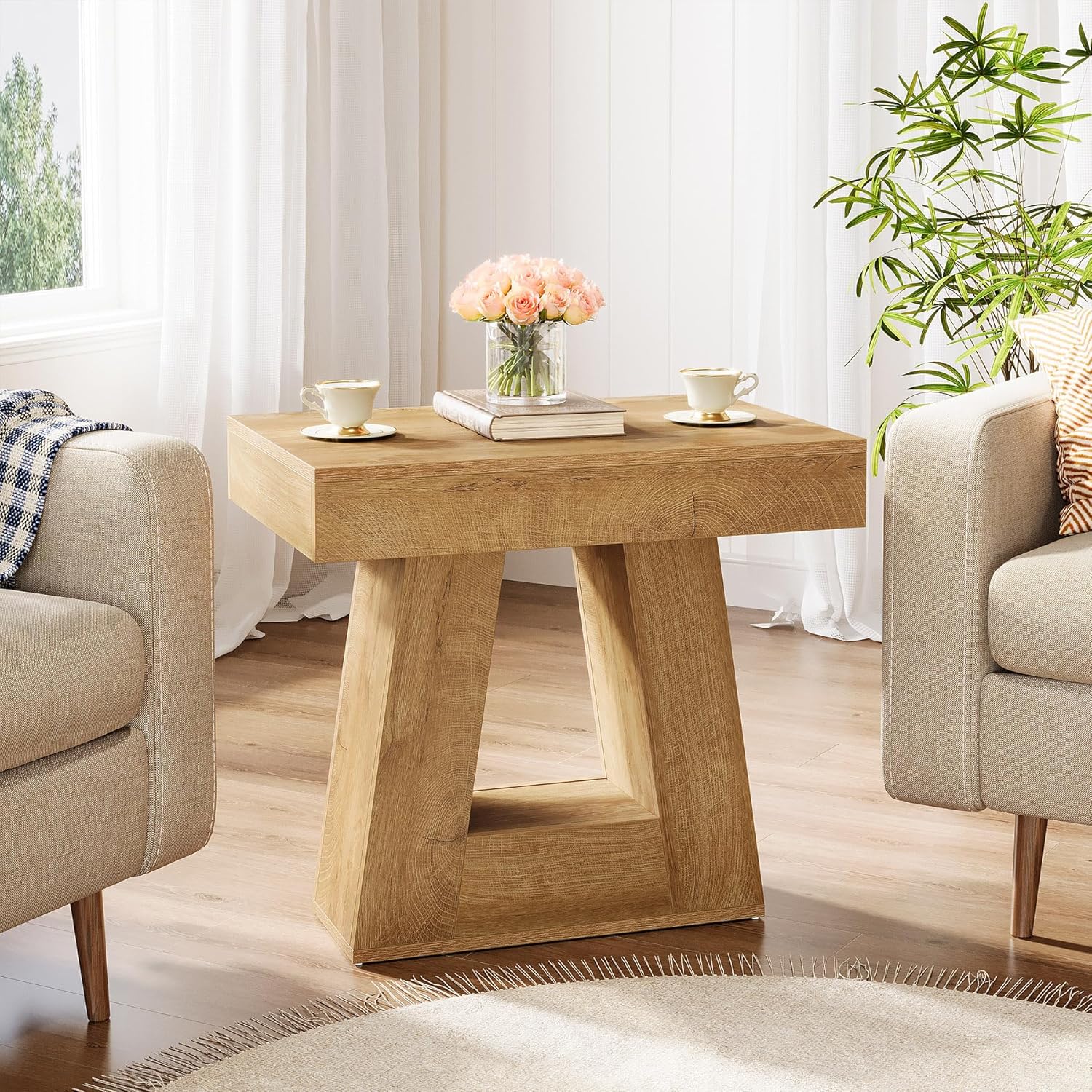 60 cm Moderne Bijzettafel, 2-Traps Smalle Houten Tafel met Trapeziumvormige Voet voor Slaapkamer