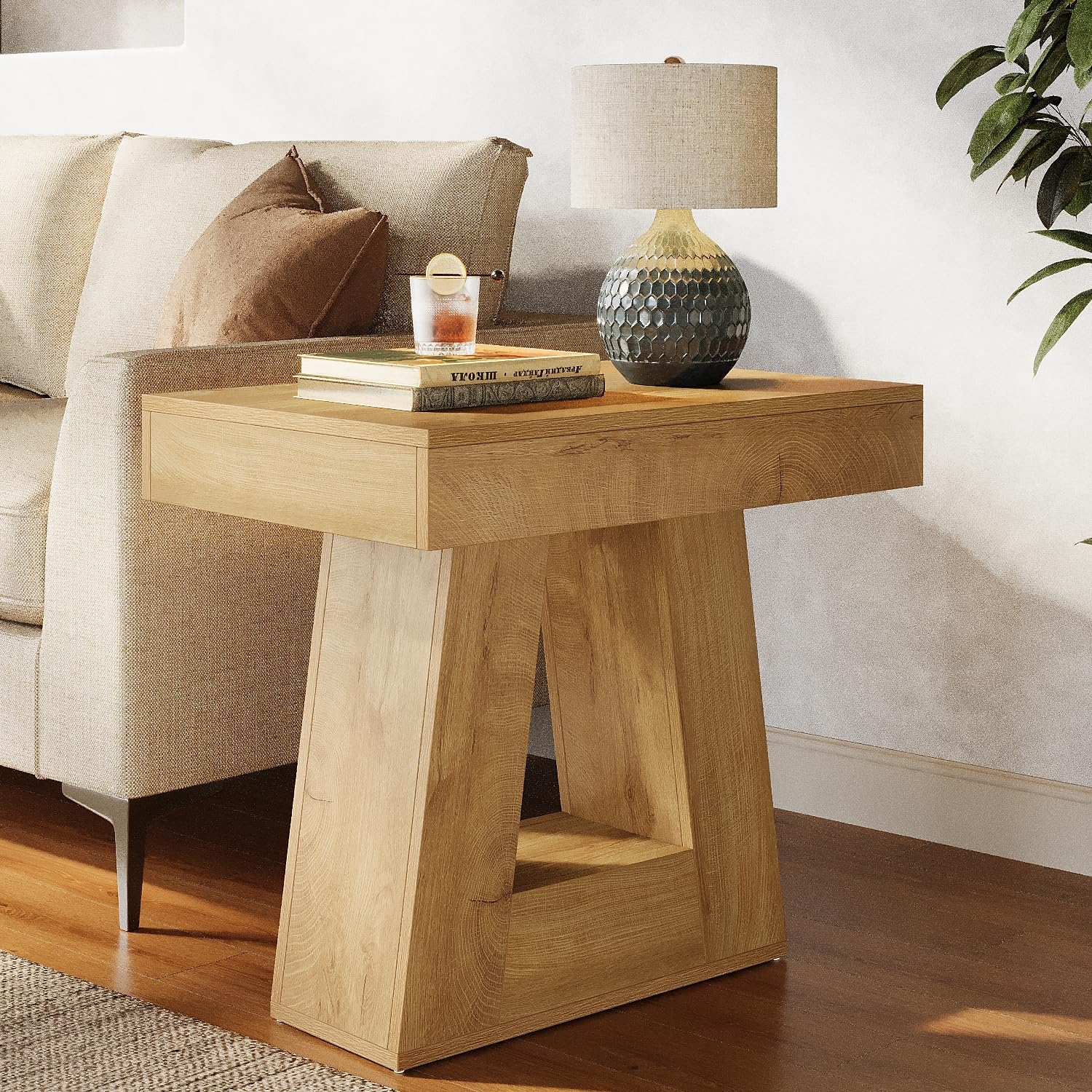 60 cm Moderne Bijzettafel, 2-Traps Smalle Houten Tafel met Trapeziumvormige Voet voor Slaapkamer