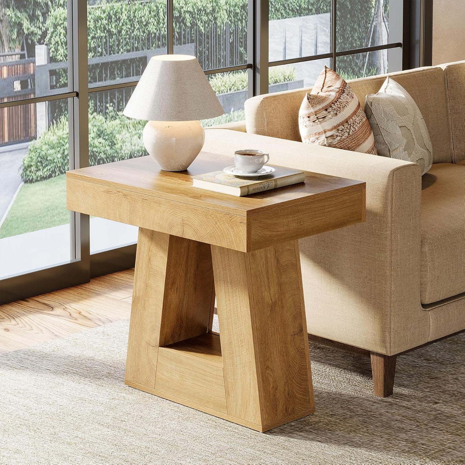 60 cm Moderne Bijzettafel, 2-Traps Smalle Houten Tafel met Trapeziumvormige Voet voor Slaapkamer