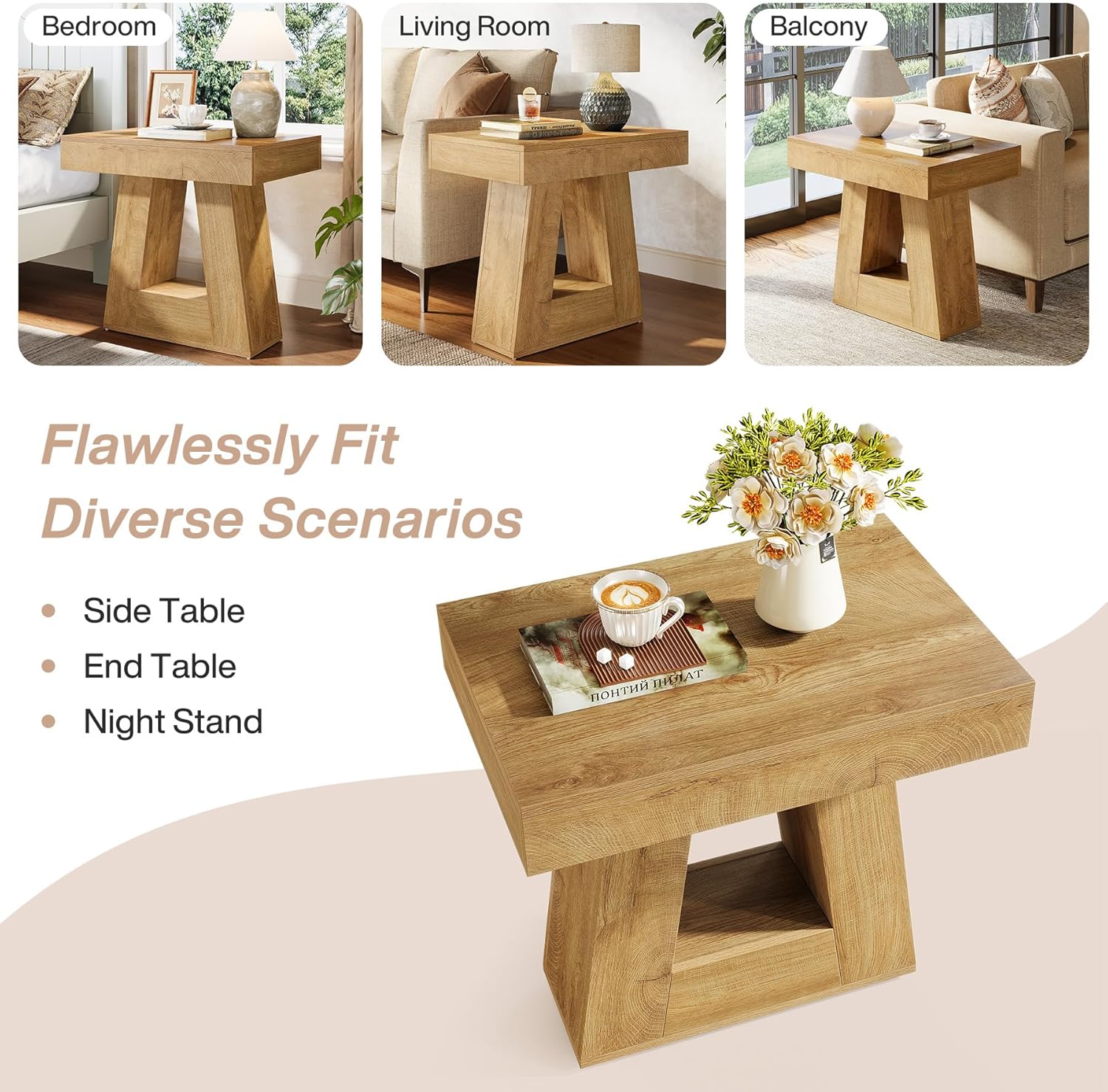 60 cm Moderne Bijzettafel, 2-Traps Smalle Houten Tafel met Trapeziumvormige Voet voor Slaapkamer