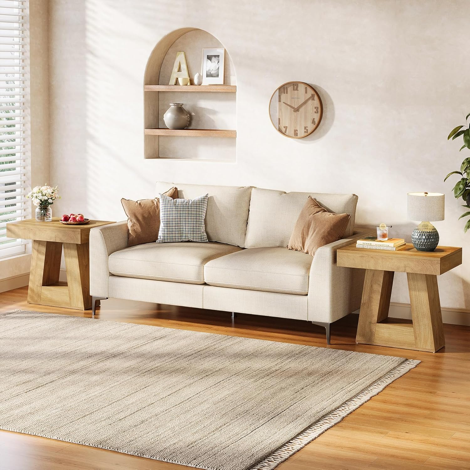 60 cm Moderne Bijzettafel, 2-Traps Smalle Houten Tafel met Trapeziumvormige Voet voor Slaapkamer