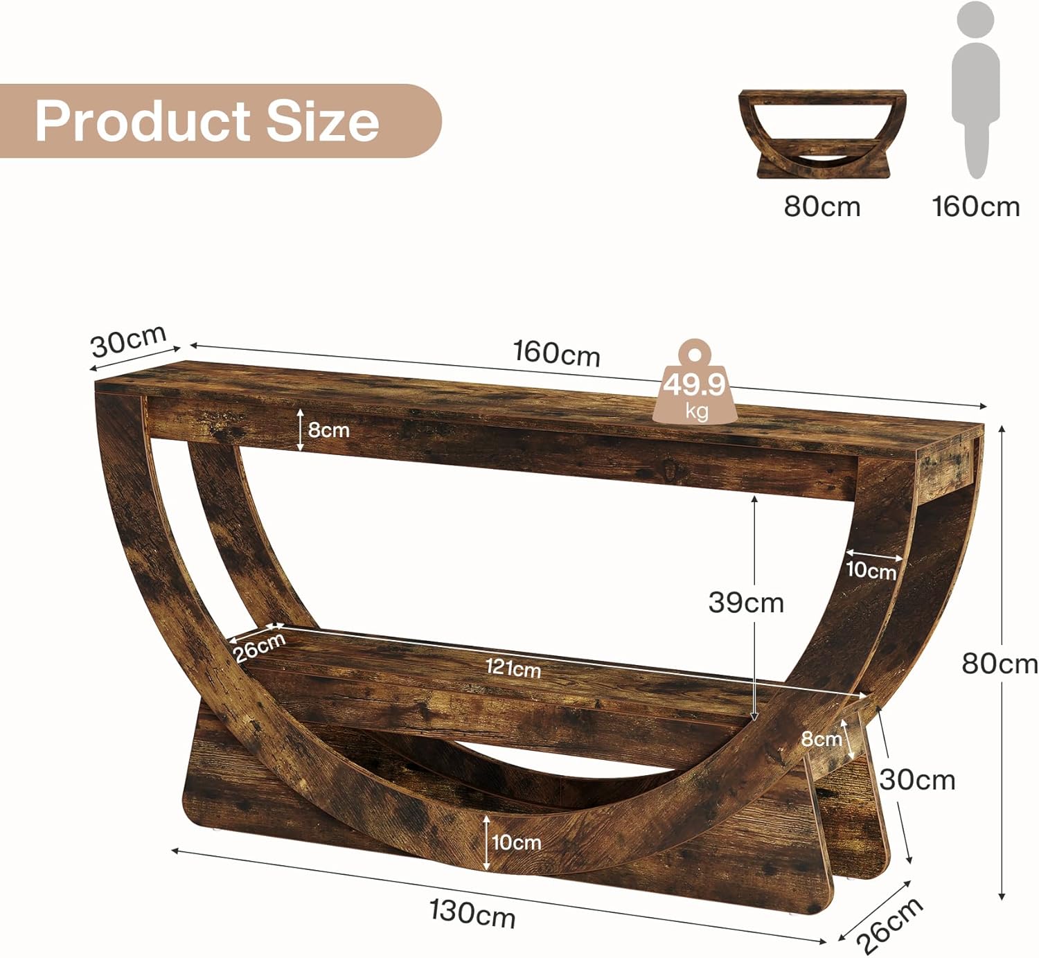 Consoletafel van 160 cm met 2 Lagen en Opbergruimte, Smalle Houten Hal- en Banktafel in Donkerbruin