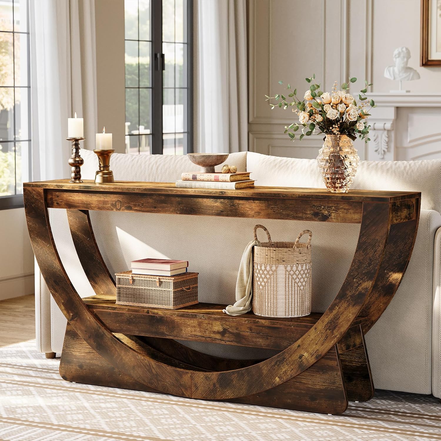 Consoletafel van 160 cm met 2 Lagen en Opbergruimte, Smalle Houten Hal- en Banktafel in Donkerbruin