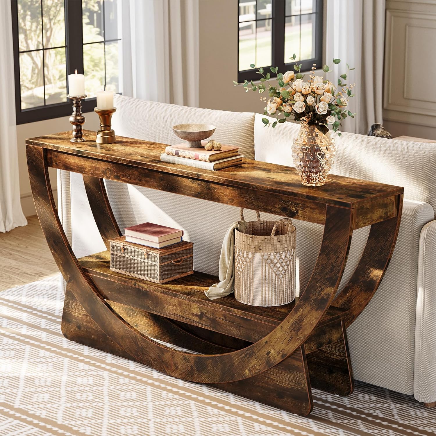 Consoletafel van 160 cm met 2 Lagen en Opbergruimte, Smalle Houten Hal- en Banktafel in Donkerbruin