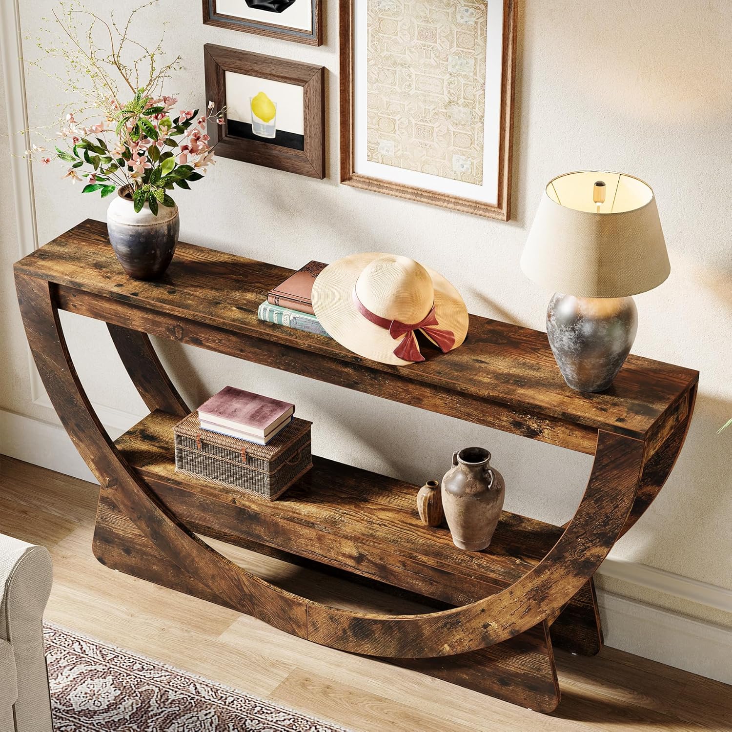 Consoletafel van 160 cm met 2 Lagen en Opbergruimte, Smalle Houten Hal- en Banktafel in Donkerbruin