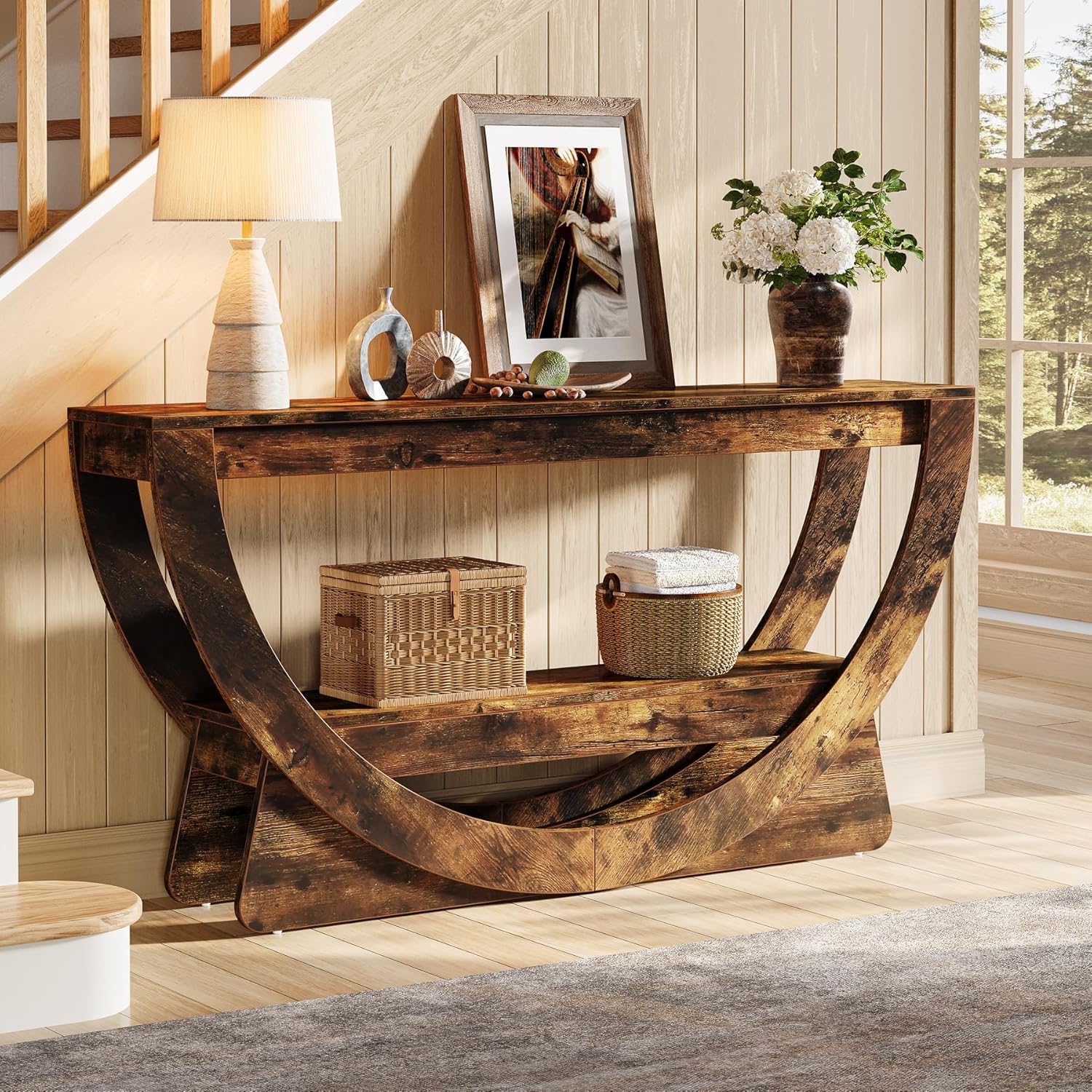 Consoletafel van 160 cm met 2 Lagen en Opbergruimte, Smalle Houten Hal- en Banktafel in Donkerbruin