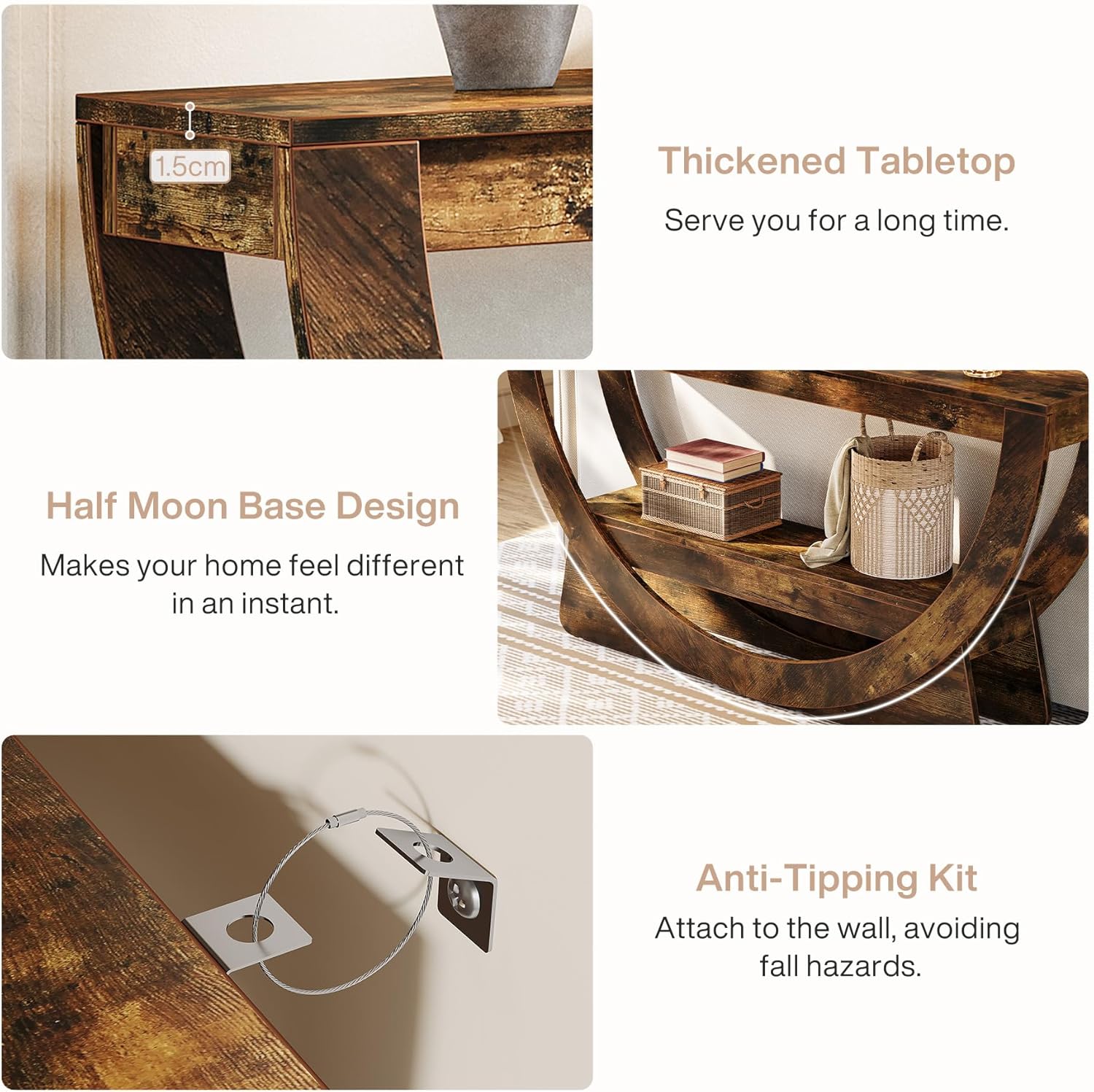 Consoletafel van 160 cm met 2 Lagen en Opbergruimte, Smalle Houten Hal- en Banktafel in Donkerbruin