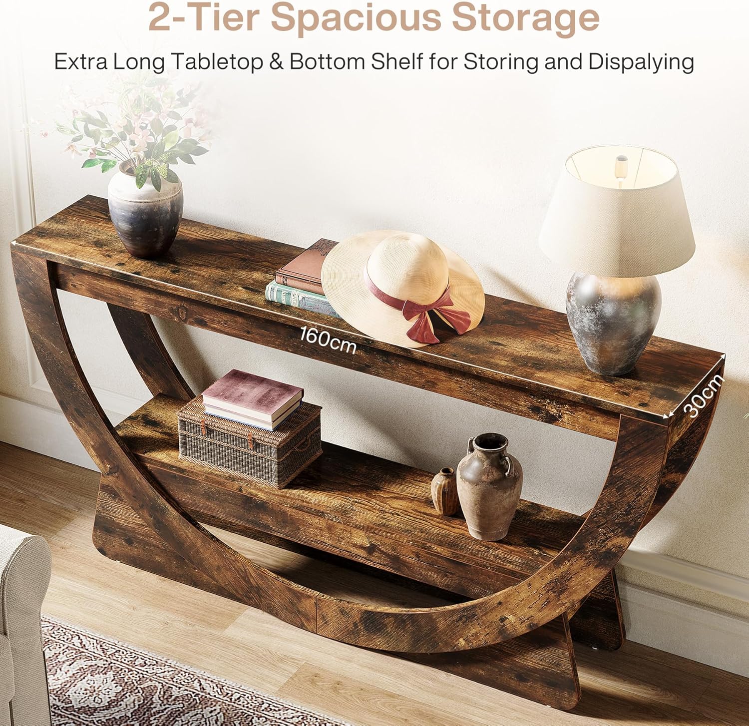 Consoletafel van 160 cm met 2 Lagen en Opbergruimte, Smalle Houten Hal- en Banktafel in Donkerbruin