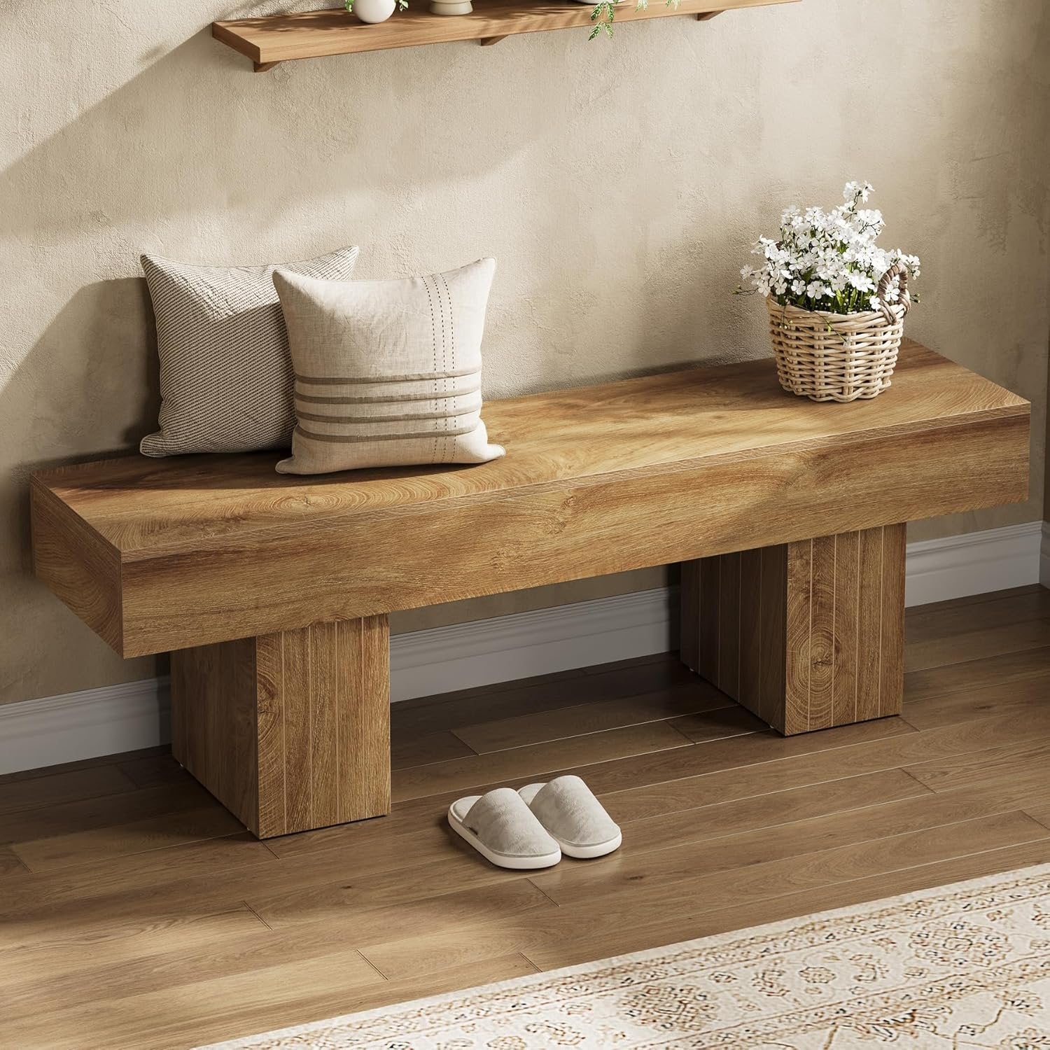 140 cm Eetkamerbank van Hout in Landelijke Stijl, Multifunctionele Binnenbank voor Slaapkamer en Hal