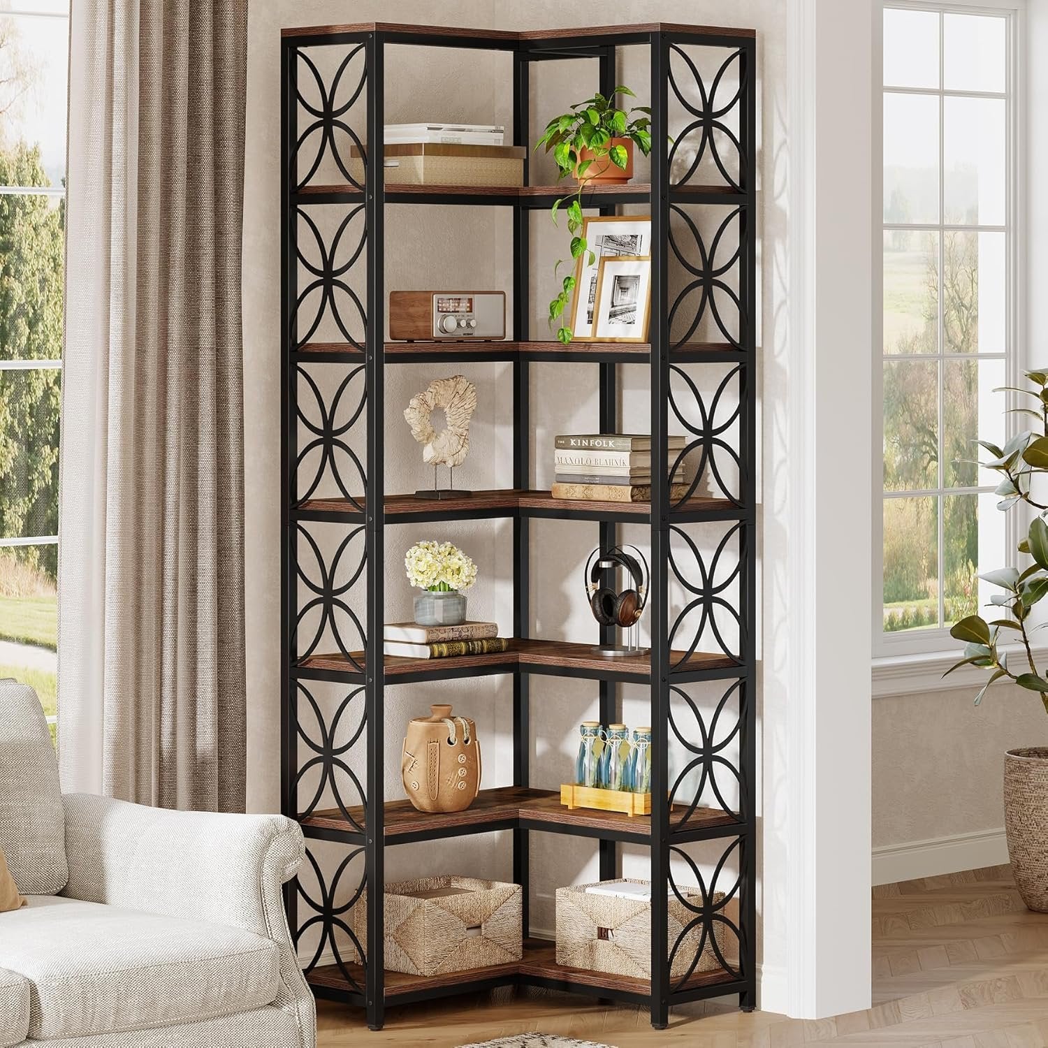 Hoekboekenkast van 200 cm met 7 Lagen in L-Vorm, Vrijstaand Houten Rek met Metalen Frame in Rustiek Bruin en Zwart