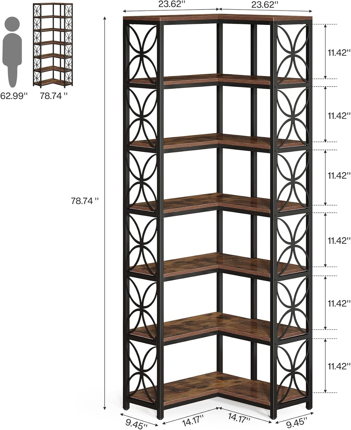Hoekboekenkast van 200 cm met 7 Lagen in L-Vorm, Vrijstaand Houten Rek met Metalen Frame in Rustiek Bruin en Zwart
