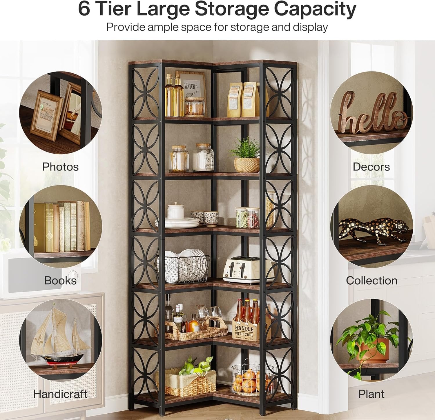 Hoekboekenkast van 200 cm met 7 Lagen in L-Vorm, Vrijstaand Houten Rek met Metalen Frame in Rustiek Bruin en Zwart
