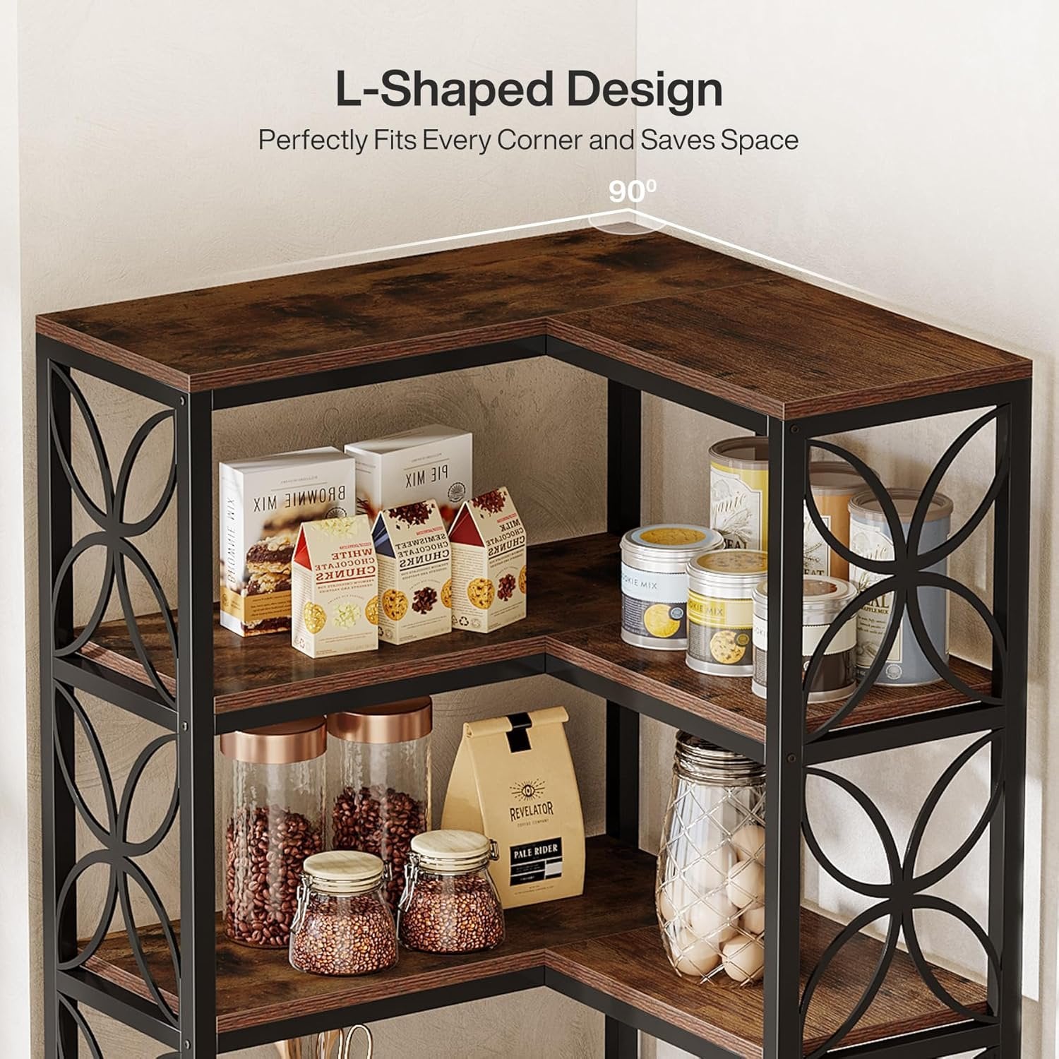 Hoekboekenkast van 200 cm met 7 Lagen in L-Vorm, Vrijstaand Houten Rek met Metalen Frame in Rustiek Bruin en Zwart