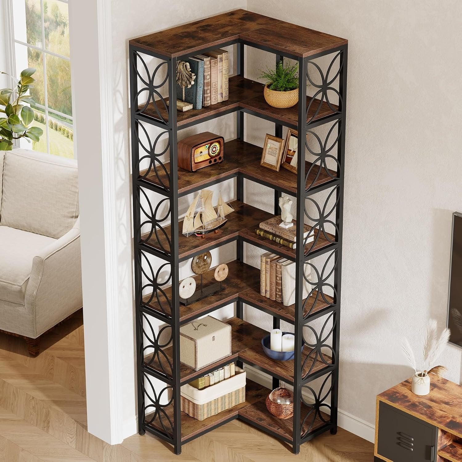 Hoekboekenkast van 200 cm met 7 Lagen in L-Vorm, Vrijstaand Houten Rek met Metalen Frame in Rustiek Bruin en Zwart