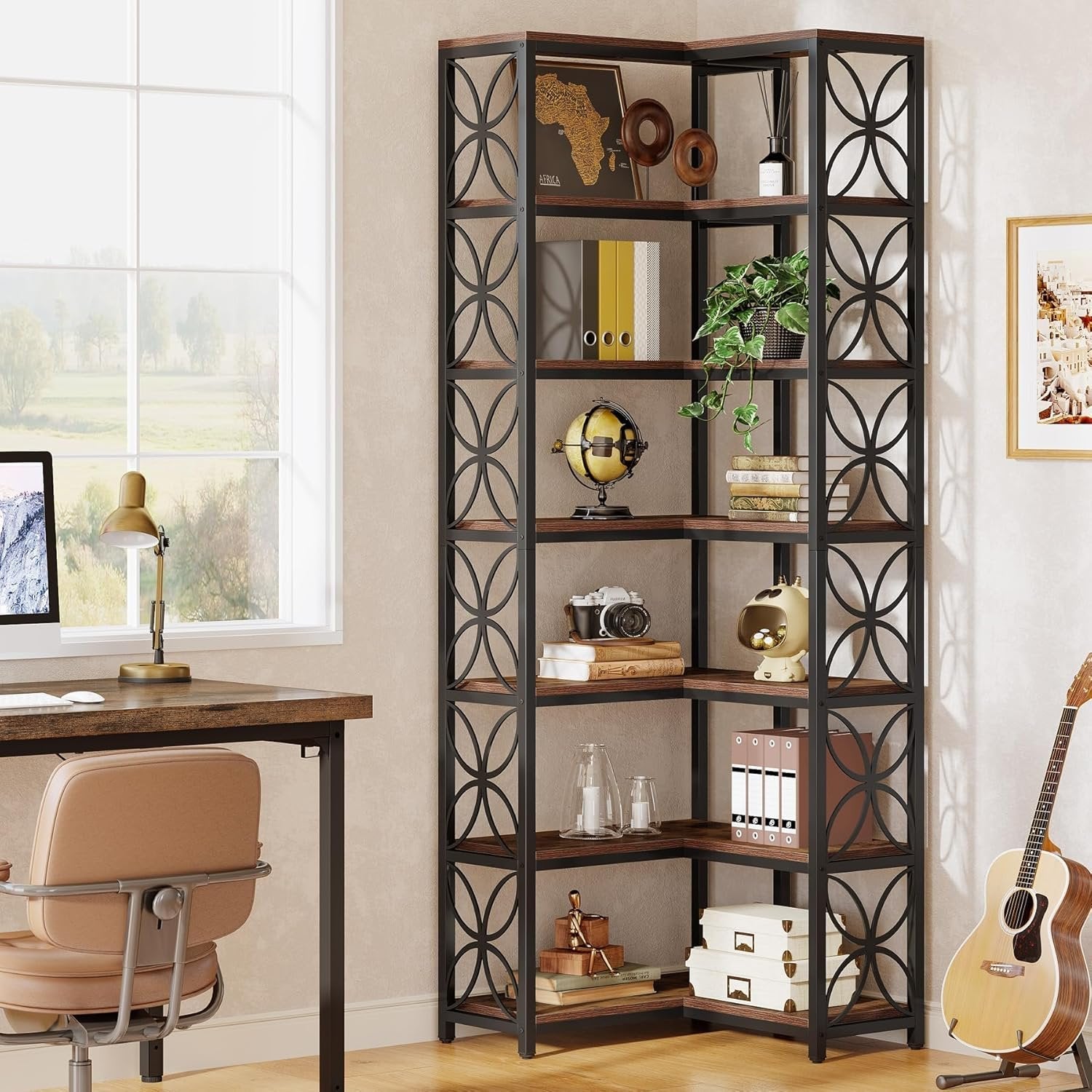 Hoekboekenkast van 200 cm met 7 Lagen in L-Vorm, Vrijstaand Houten Rek met Metalen Frame in Rustiek Bruin en Zwart