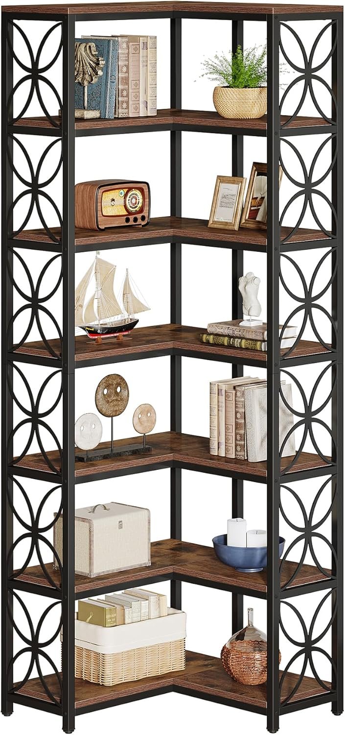 Hoekboekenkast van 200 cm met 7 Lagen in L-Vorm, Vrijstaand Houten Rek met Metalen Frame in Rustiek Bruin en Zwart
