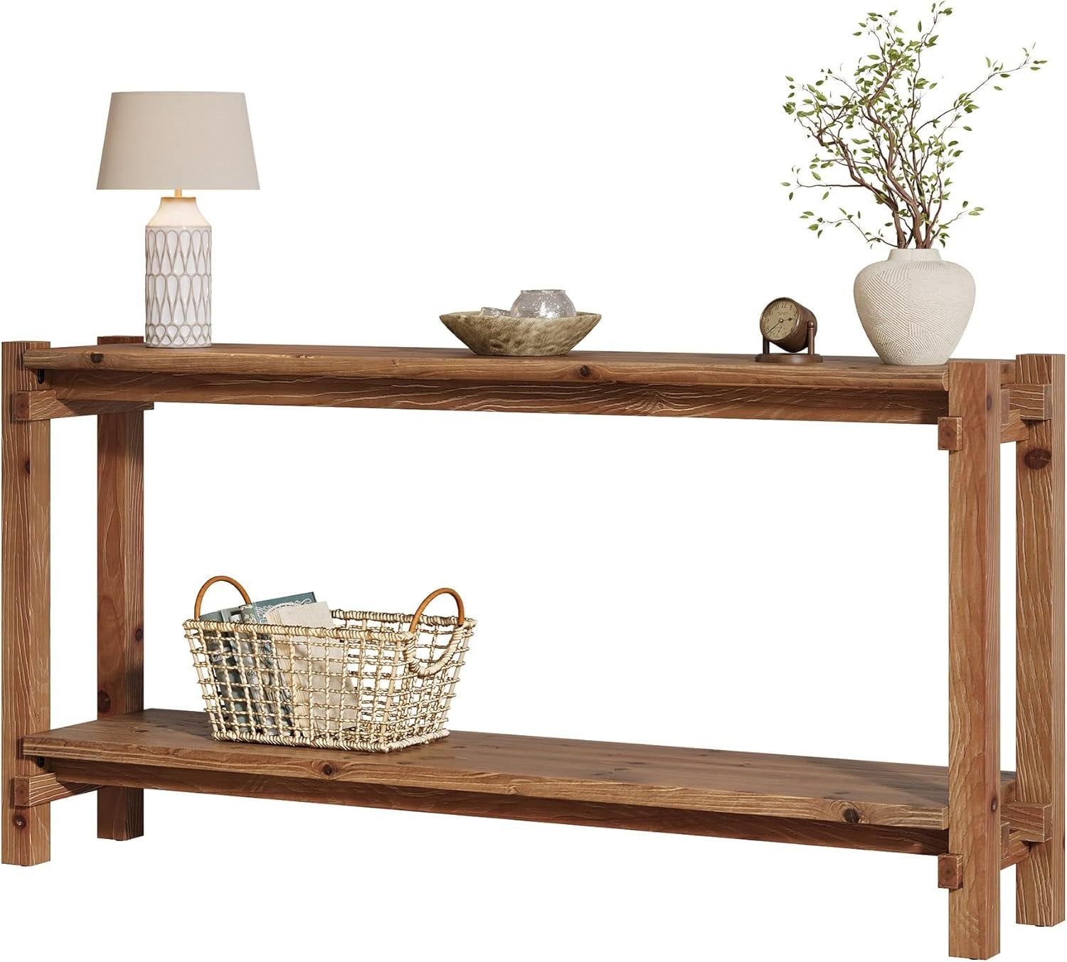 150 cm Landelijke Consoletafel met 2 Lagen en Opbergruimte, Houten Achter Bank Tafel voor Woonkamer en Hal